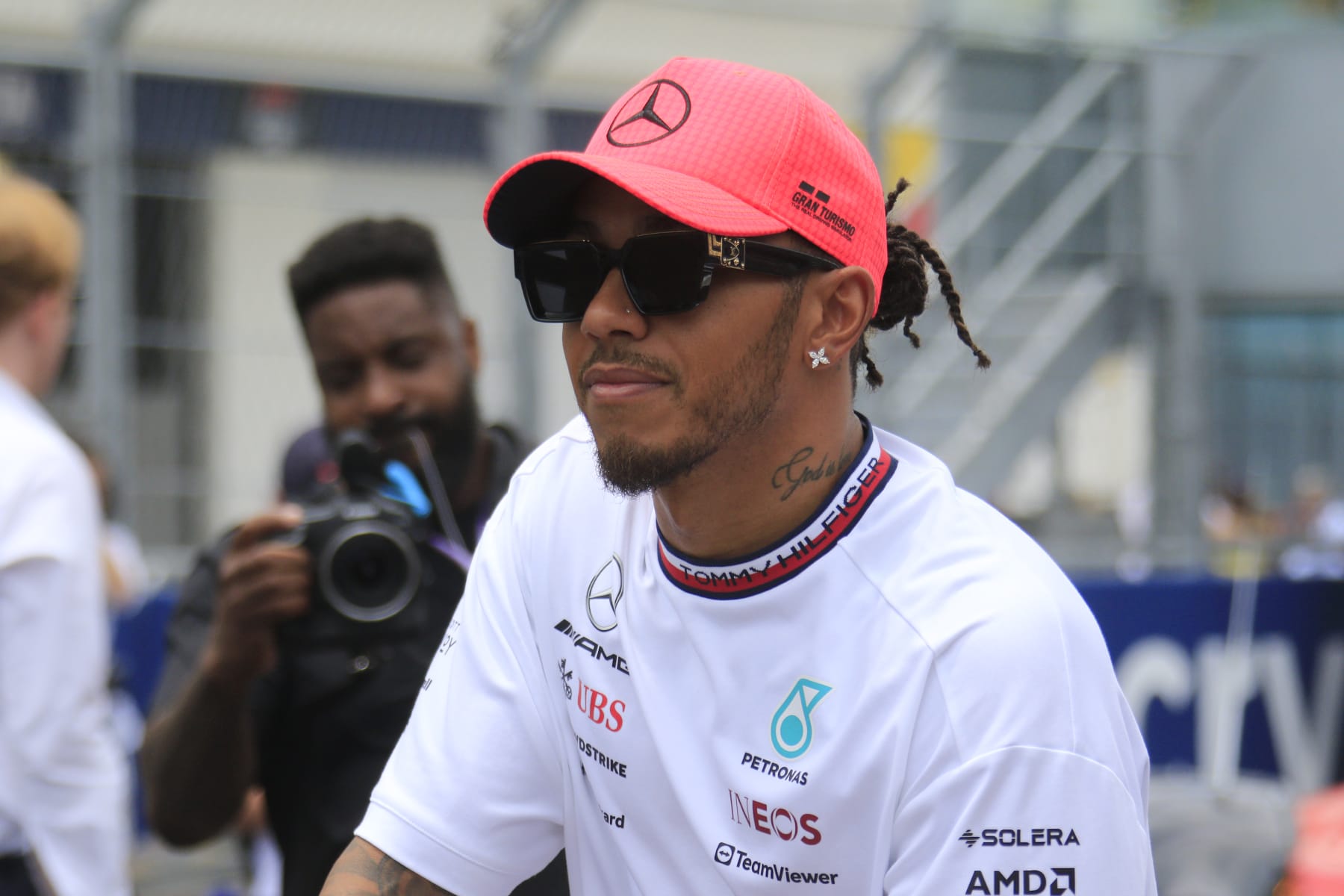 MIAMI GARDENS, FL - MAY 07: Mercedes AMG Petronas Motorsport driver Lewis Hamilton #44 looks on during the drivers parade lap prior to the running of the Formula 1 Crypto.com Miami Grand Prix at Miami International Autodrome in Miami Gardens, FL. (Photo by Jeff Robinson/Icon Sportswire via Getty Images)