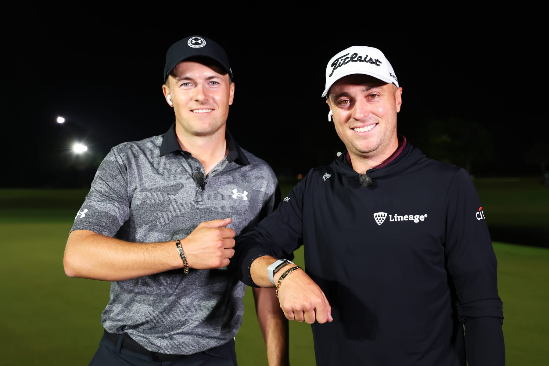BELLEAIR, FLORIDA - DECEMBER 10:  Jordan Spieth of the United States and Justin Thomas of the United States celebrate with their bracelets after defeating Tiger Woods of the United States and Rory McIlroy of Northern Ireland to win  The Match 7 at Pelican Golf Club on December 10, 2022 in Belleair, Florida. (Photo by Mike Ehrmann/Getty Images for The Match)