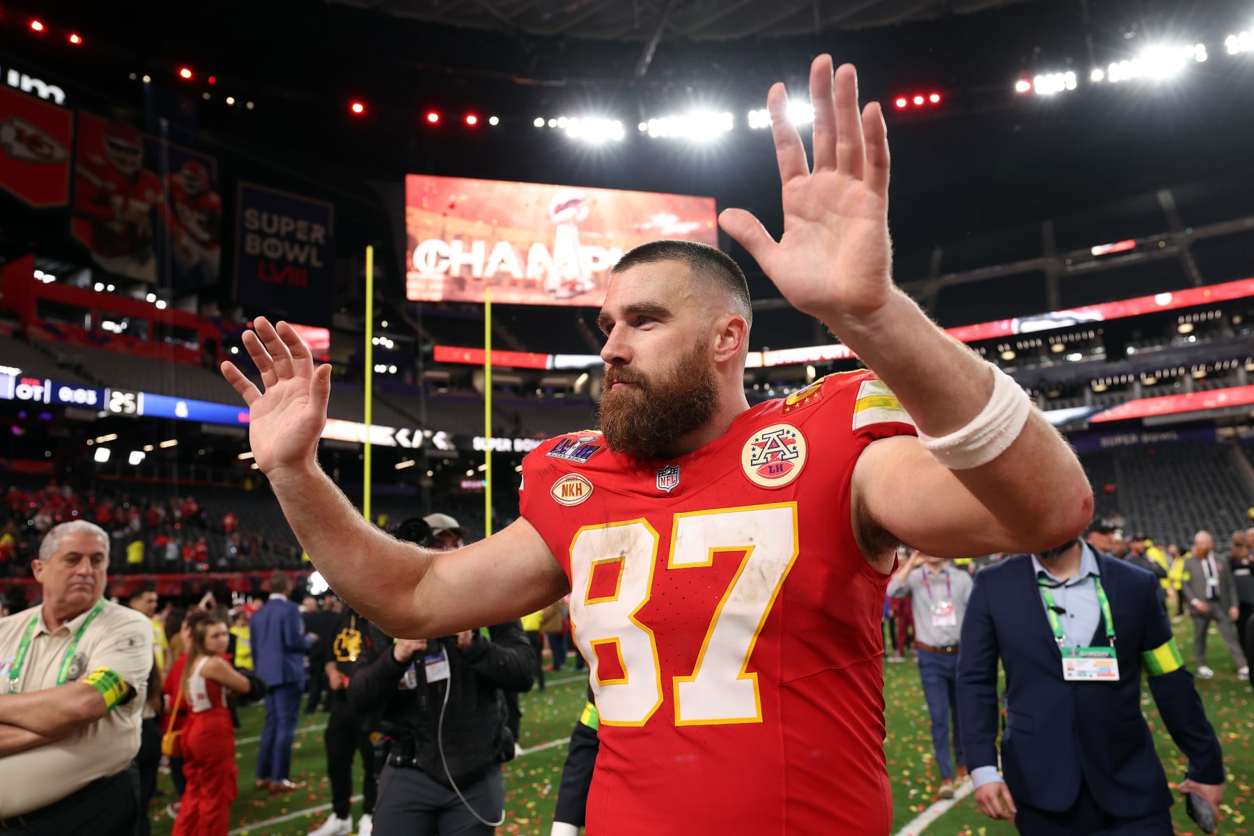 LAS VEGAS, NEVADA - FEBRUARY 11: Travis Kelce #87 of the Kansas City Chiefs waves to fans after defeating the San Francisco 49ers 25-22 during Super Bowl LVIII at Allegiant Stadium on February 11, 2024 in Las Vegas, Nevada. (Photo by Jamie Squire/Getty Images)