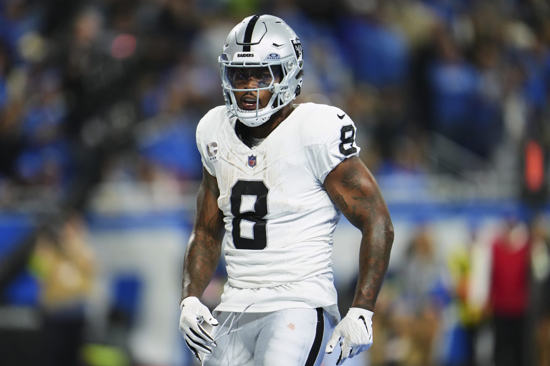 DETROIT, MI - OCTOBER 30: Josh Jacobs #8 of the Las Vegas Raiders celebrates after scoring a touchdown against the Detroit Lions at Ford Field on October 30, 2023 during the first half in Detroit, Michigan. (Photo by Cooper Neill/Getty Images)