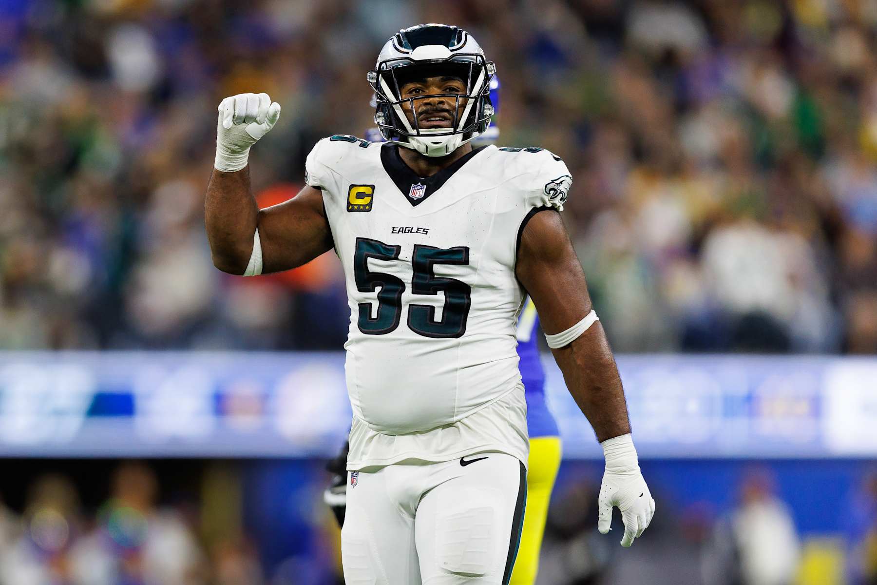 INGLEWOOD, CALIFORNIA - NOVEMBER 24: Defensive end Brandon Graham #55 of the Philadelphia Eagles celebrates during the second half of an NFL football game against the Los Angeles Rams, at SoFi Stadium on November 24, 2024 in Inglewood, California. (Photo by Brooke Sutton/Getty Images)