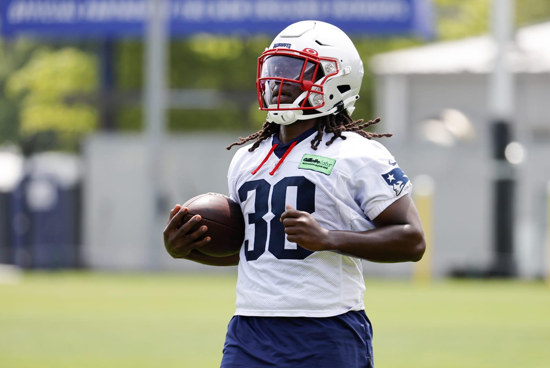 FOXBOROUGH, MA - JUNE 12: New England Patriots running back Rhamondre Stevenson (38) during New England Patriots Minicamp on June 12, 2023, at the Patriots Practice Facility at Gillette Stadium in Foxborough, Massachusetts. (Photo by Fred Kfoury III/Icon Sportswire via Getty Images)