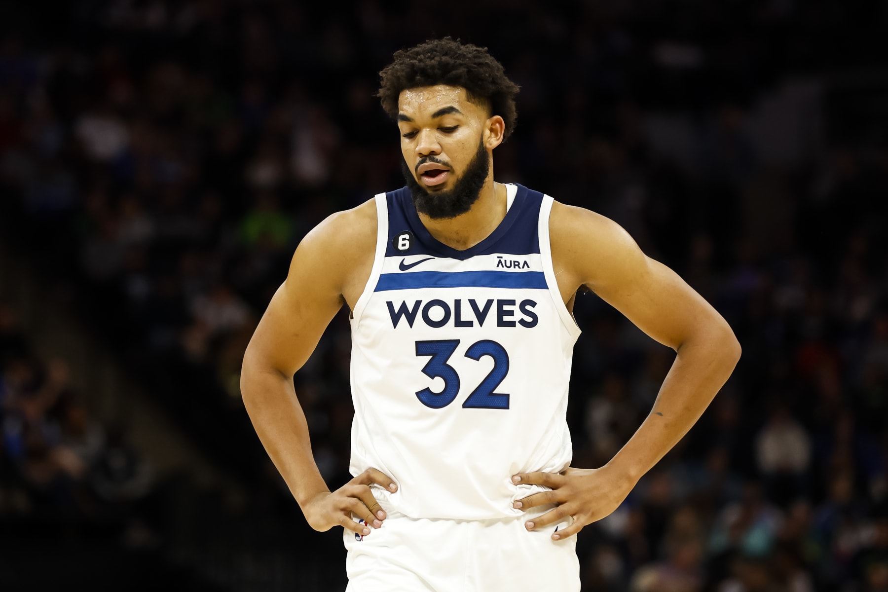 MINNEAPOLIS, MN - NOVEMBER 27: Karl-Anthony Towns #32 of the Minnesota Timberwolves looks on against the Golden State Warriors in the third quarter of the game at Target Center on November 27, 2022 in Minneapolis, Minnesota. The Warriors defeated the Timberwolves 137-114. NOTE TO USER: User expressly acknowledges and agrees that, by downloading and or using this Photograph, user is consenting to the terms and conditions of the Getty Images License Agreement. (Photo by David Berding/Getty Images)