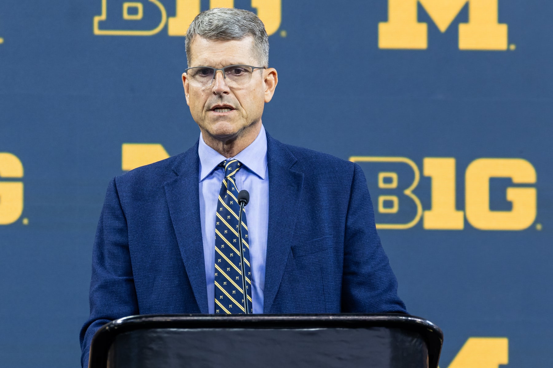 INDIANAPOLIS, INDIANA - JULY 27: Head coach Jim Harbaugh of the Michigan Wolverines speaks at Big Ten football media days at Lucas Oil Stadium on July 27, 2023 in Indianapolis, Indiana. (Photo by Michael Hickey/Getty Images)