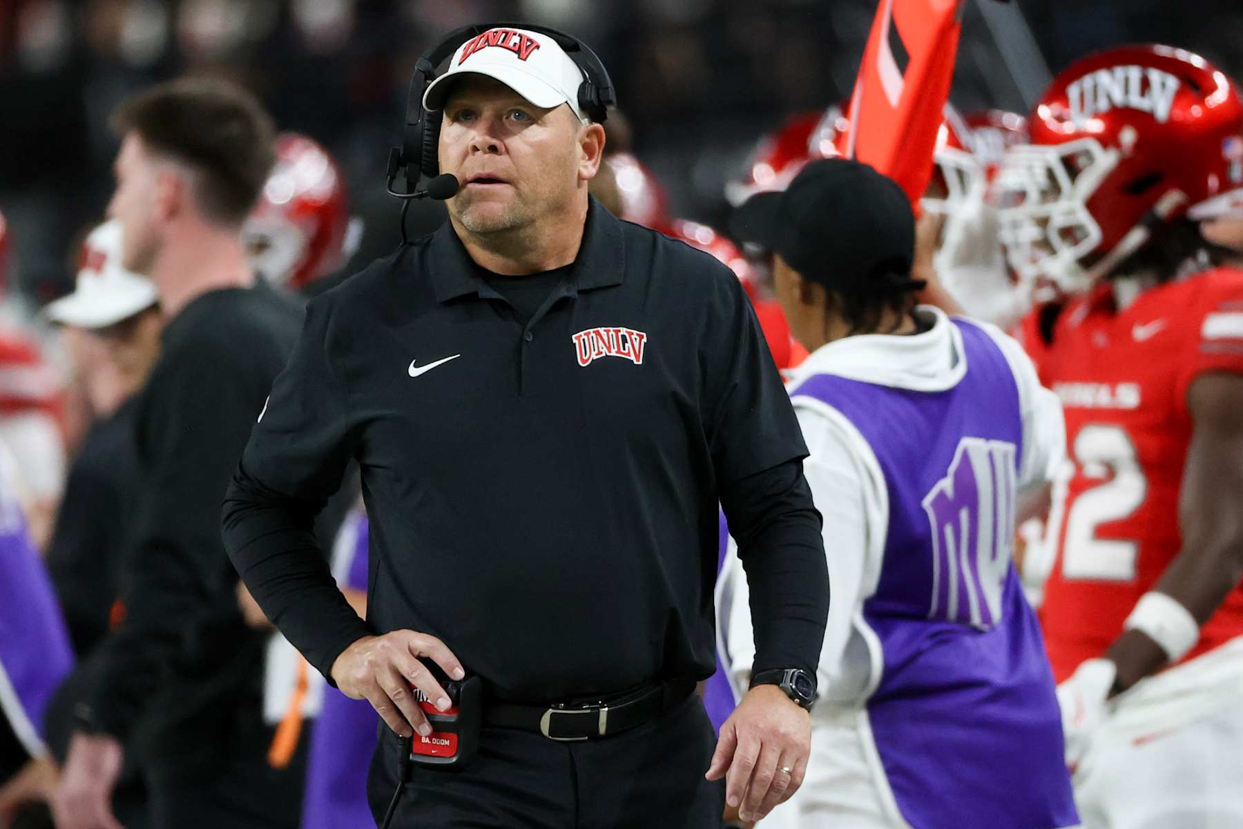 LAS VEGAS, NEVADA - OCTOBER 25: Head coach Barry Odom of the UNLV Rebels looks on during the third quarter of a game against the Boise State Broncos at Allegiant Stadium on October 25, 2024 in Las Vegas, Nevada. (Photo by Ian Maule/Getty Images)