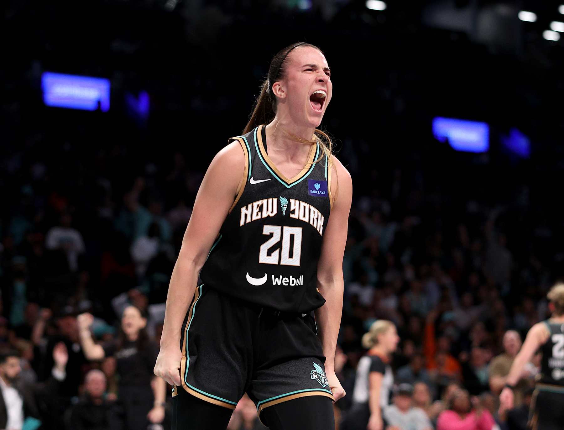 NEW YORK, NEW YORK - OCTOBER 01: Sabrina Ionescu #20 of the New York Liberty celebrates a turnover in the first half of Game Two of the WNBA Semifinals against the Las Vegas Aces at Barclays Center on October 01, 2024 in New York City. NOTE TO USER: User expressly acknowledges and agrees that, by downloading and or using this photograph, User is consenting to the terms and conditions of the Getty Images License Agreement. (Photo by Elsa/Getty Images)