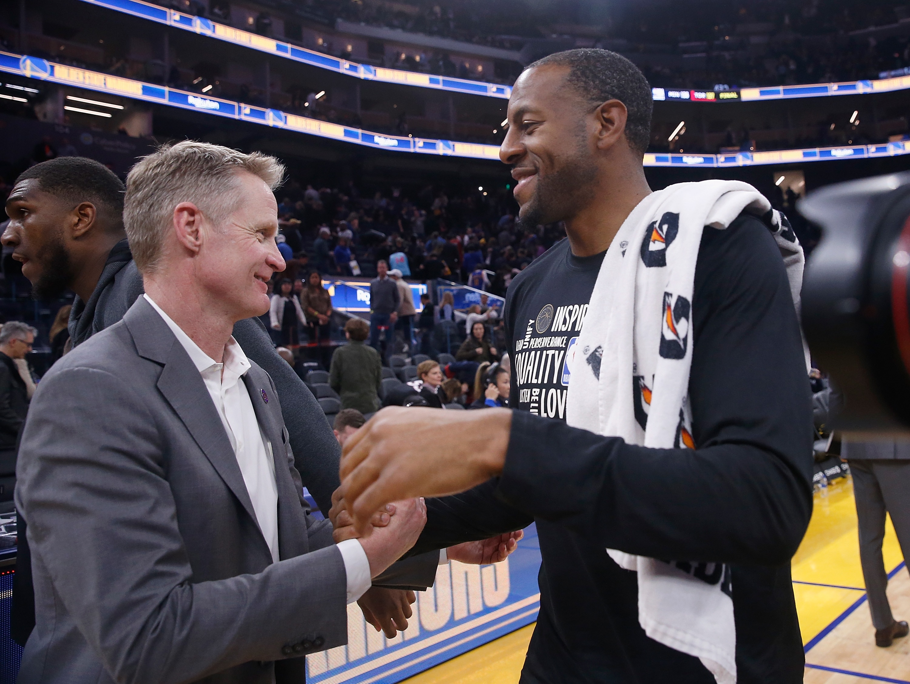 SAN FRANCISCO, CALIFORNIA - FEBRUARY 10: Andre Iguodala #28 of the Miami Heat talks to Steve Kerr head coach of the Golden State Warriors after their game at Chase Center on February 10, 2020 in San Francisco, California. NOTE TO USER: User expressly acknowledges and agrees that, by downloading and/or using this photograph, user is consenting to the terms and conditions of the Getty Images License Agreement. (Photo by Lachlan Cunningham/Getty Images)
