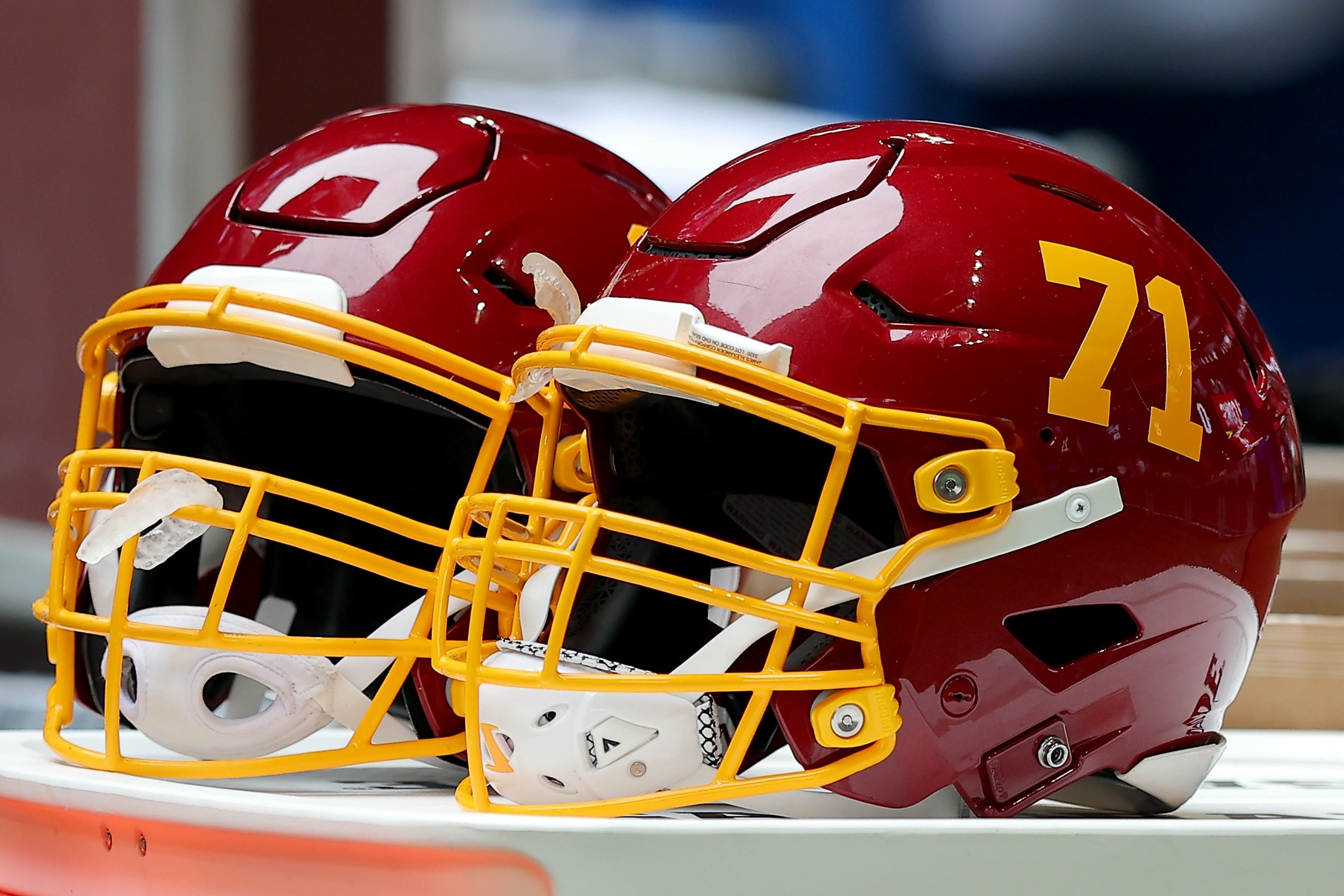 ATLANTA, GEORGIA - OCTOBER 03: A detailed view of the helmet of Wes Schweitzer #71 of the Washington Football Team is seen during the game between the Washington Football Team and the Atlanta Falcons at Mercedes-Benz Stadium on October 03, 2021 in Atlanta, Georgia. (Photo by Kevin C. Cox/Getty Images)