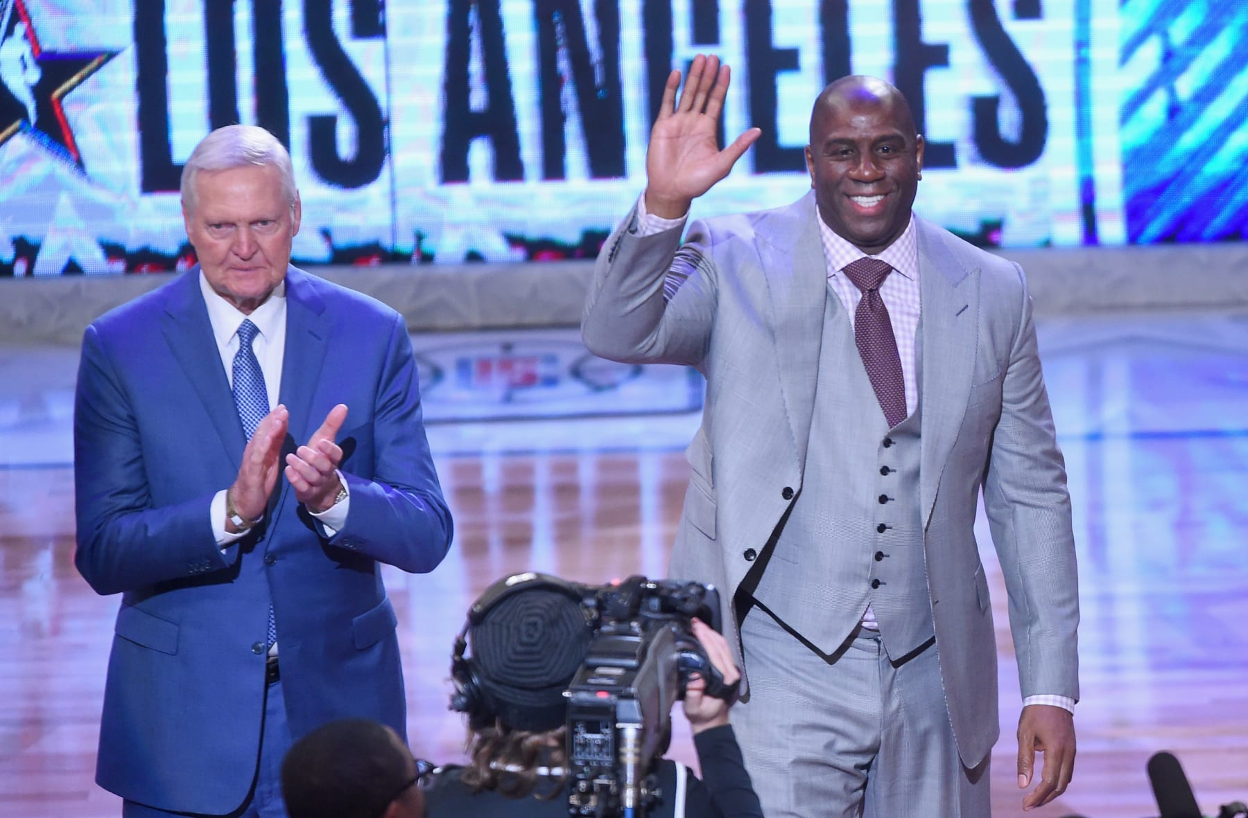 LOS ANGELES, CA - FEBRUARY 18:  Jerry West and Magic Johnson attend the NBA All-Star Game 2018 at Staples Center on February 18, 2018 in Los Angeles, California.  (Photo by Jayne Kamin-Oncea/Getty Images)