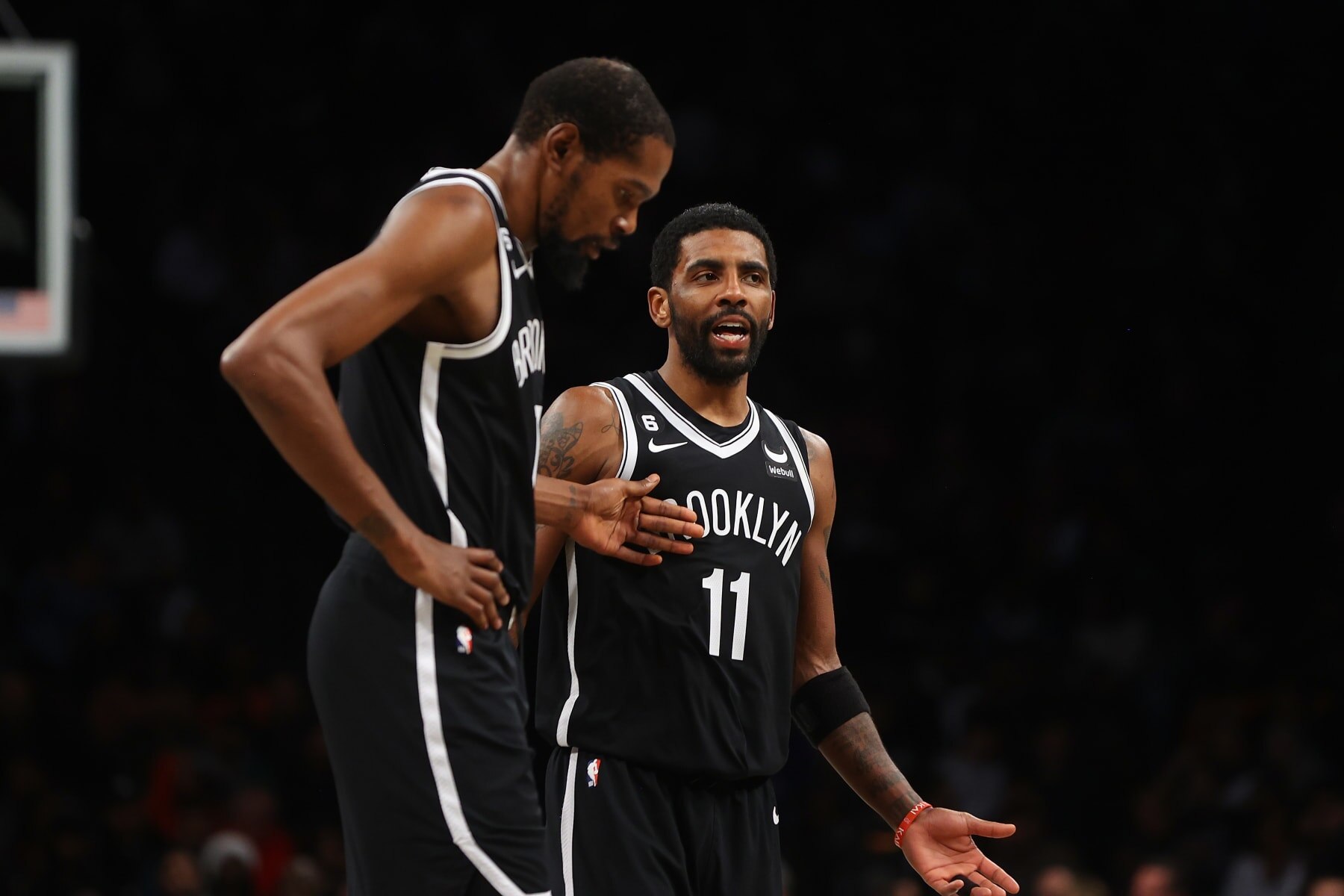 NEW YORK, NEW YORK - NOVEMBER 28: Kevin Durant #7 and Kyrie Irving #11 of the Brooklyn Nets in action against the Orlando Magic at Barclays Center on November 28, 2022 in New York City. NOTE TO USER: User expressly acknowledges and agrees that, by downloading and or using this Photograph, user is consenting to the terms and conditions of the Getty Images License Agreement. Brooklyn Nets defeated the Orlando Magic 109-102. (Photo by Mike Stobe/Getty Images) NEW YORK, NEW YORK - NOVEMBER 28: Kevin Durant #7 and Kyrie Irving #11 of the Brooklyn Nets in action against the Orlando Magic at Barclays Center on November 28, 2022 in New York City. NOTE TO USER: User expressly acknowledges and agrees that, by downloading and or using this Photograph, user is consenting to the terms and conditions of the Getty Images License Agreement. Brooklyn Nets defeated the Orlando Magic 109-102. (Photo by Mike Stobe/Getty Images)