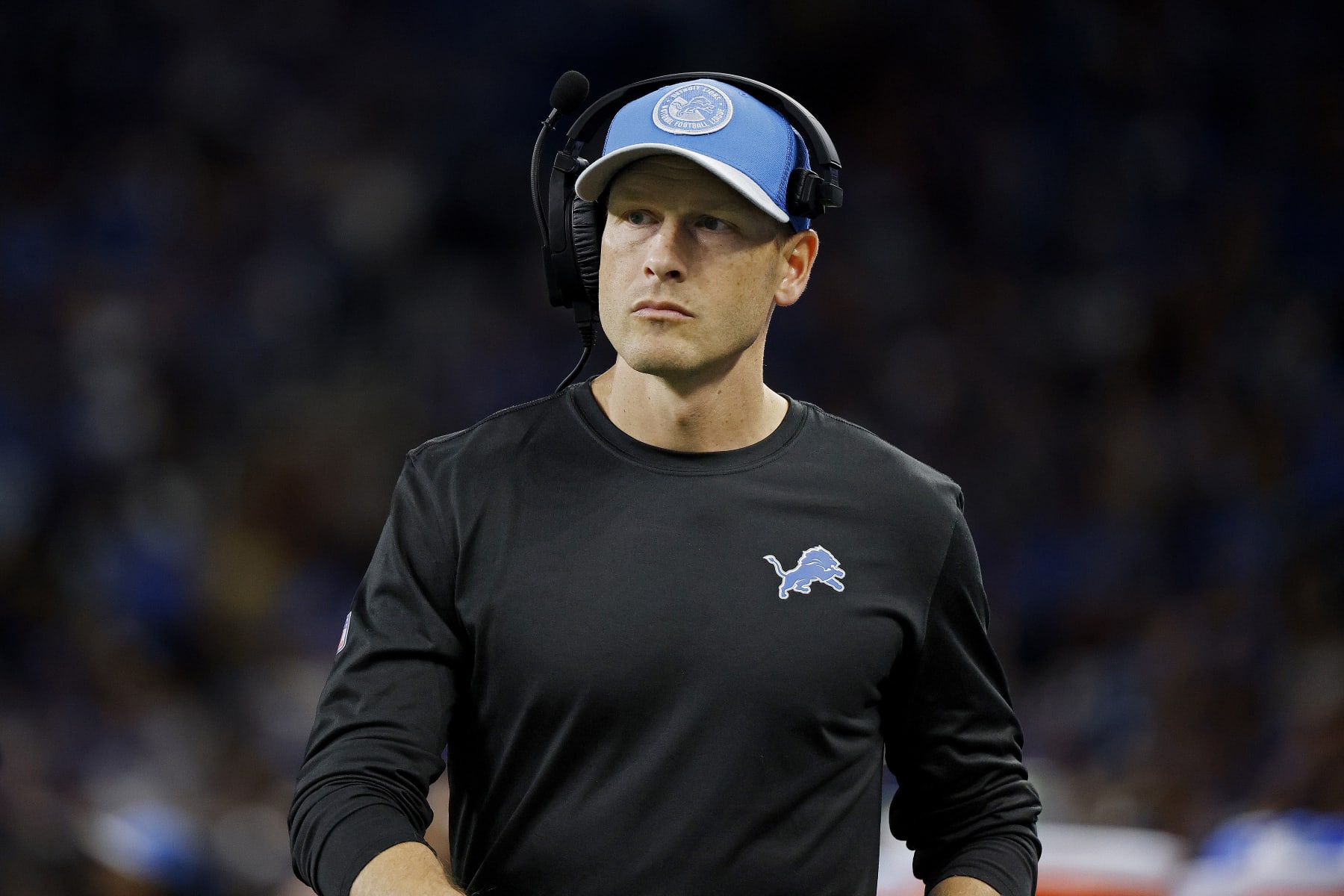 DETROIT, MICHIGAN - SEPTEMBER 24: Ben Johnson offensive coordinator with the Detroit Lions looks on during a game against the Atlanta Falcons at Ford Field on September 24, 2023 in Detroit, Michigan. (Photo by Mike Mulholland/Getty Images)