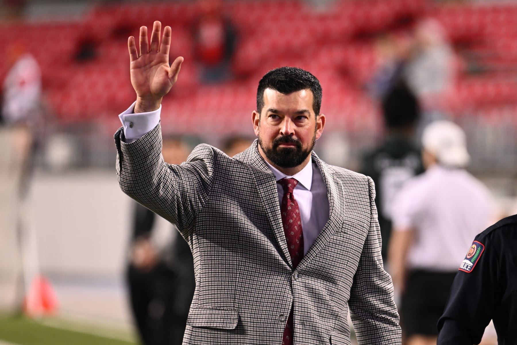 COLUMBUS, OHIO - NOVEMBER 11: Head coach Ryan Day of the Ohio State Buckeyes waves to fans while entering Ohio Stadium prior to a game between the Ohio State Buckeyes and the Michigan State Spartans on November 11, 2023 in Columbus, Ohio. (Photo by Ben Jackson/Getty Images)