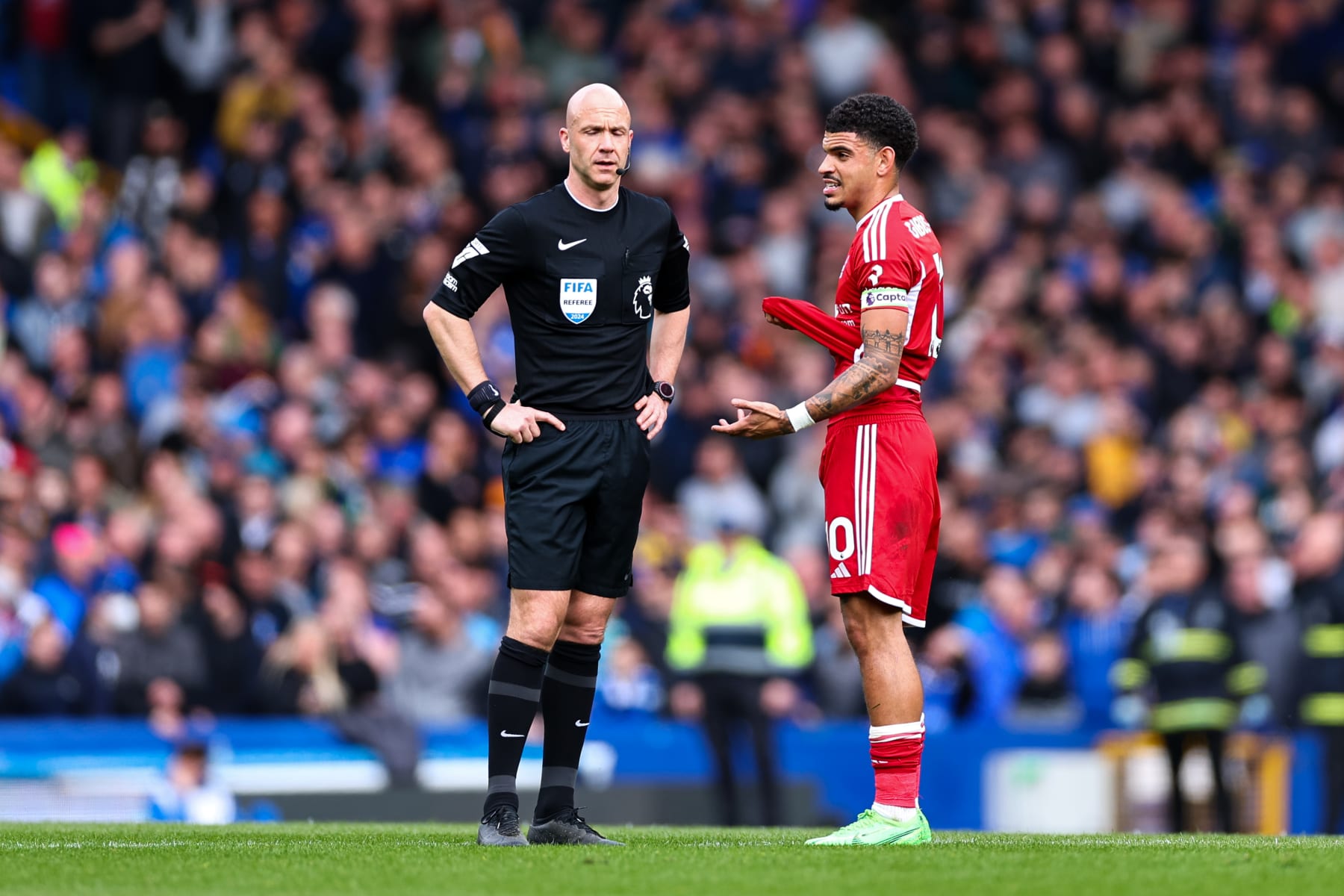 LIVERPOOL, ENGLAND - APRIL 21: A dejected Morgan Gibbs-White of Nottingham Forest during the Premier League match between Everton FC and Nottingham Forest at Goodison Park on April 21, 2024 in Liverpool, England.(Photo by Robbie Jay Barratt - AMA/Getty Images)