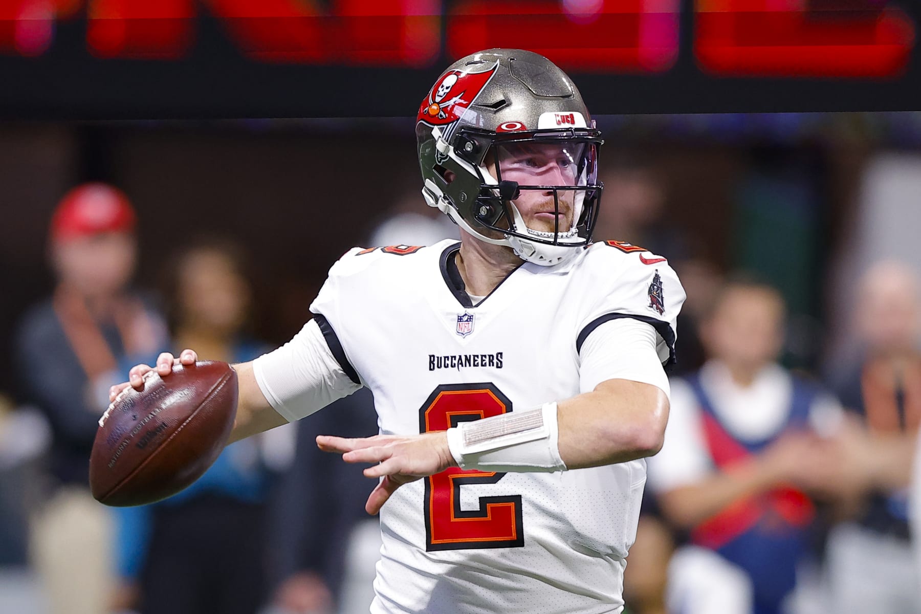 ATLANTA, GA - JANUARY 08: Kyle Trask #2 of the Tampa Bay Buccaneers drops back to pass during the second half against the Atlanta Falcons at Mercedes-Benz Stadium on January 8, 2023 in Atlanta, Georgia. (Photo by Todd Kirkland/Getty Images)