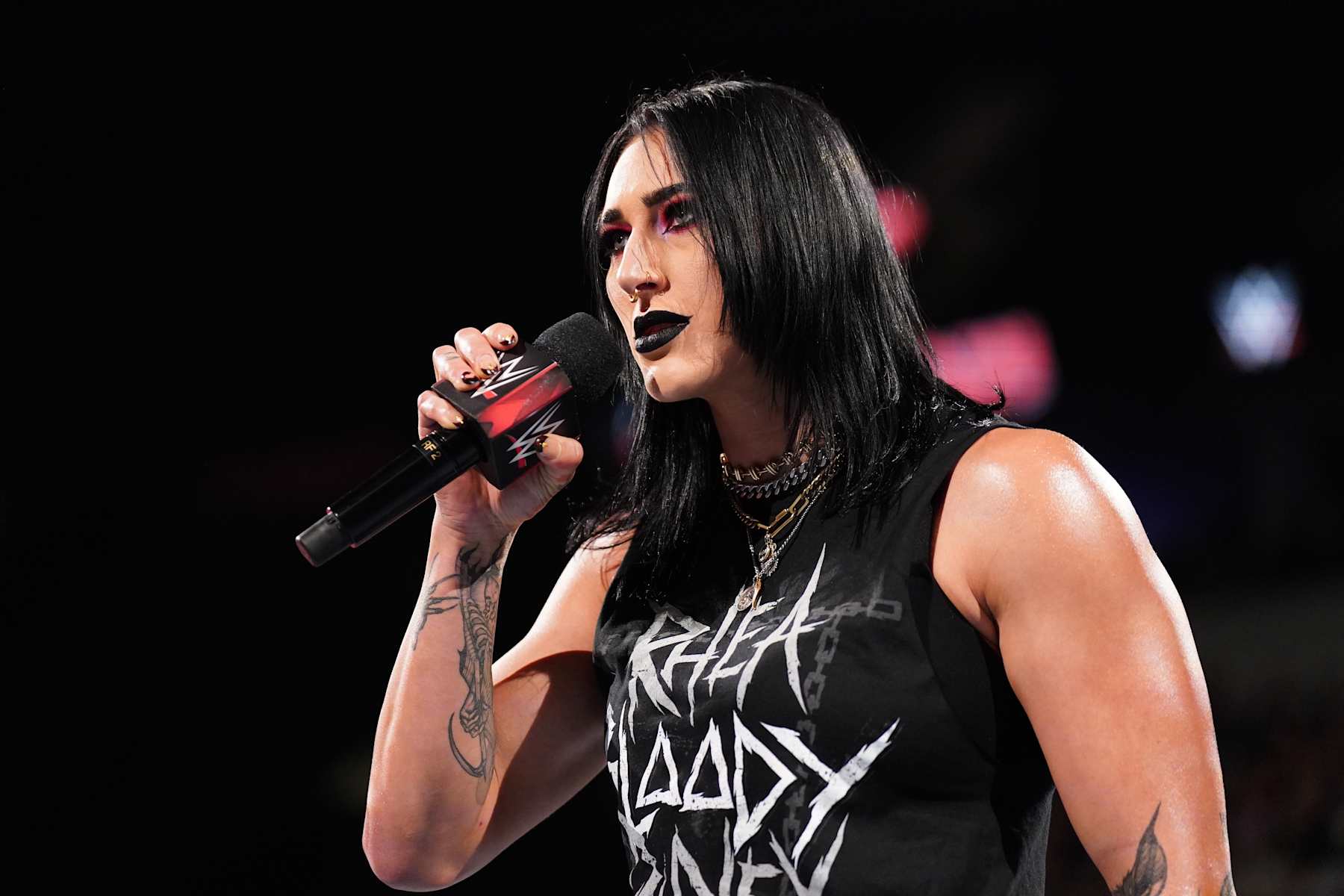 ST LOUIS, MISSOURI - OCTOBER 14: Rhea Ripley addresses the crowd during RAW at Enterprise Center on October 14, 2024 in St Louis, Missouri. (Photo by WWE/Getty Images) ST LOUIS, MISSOURI - OCTOBER 14: Rhea Ripley addresses the crowd during RAW at Enterprise Center on October 14, 2024 in St Louis, Missouri. (Photo by WWE/Getty Images)