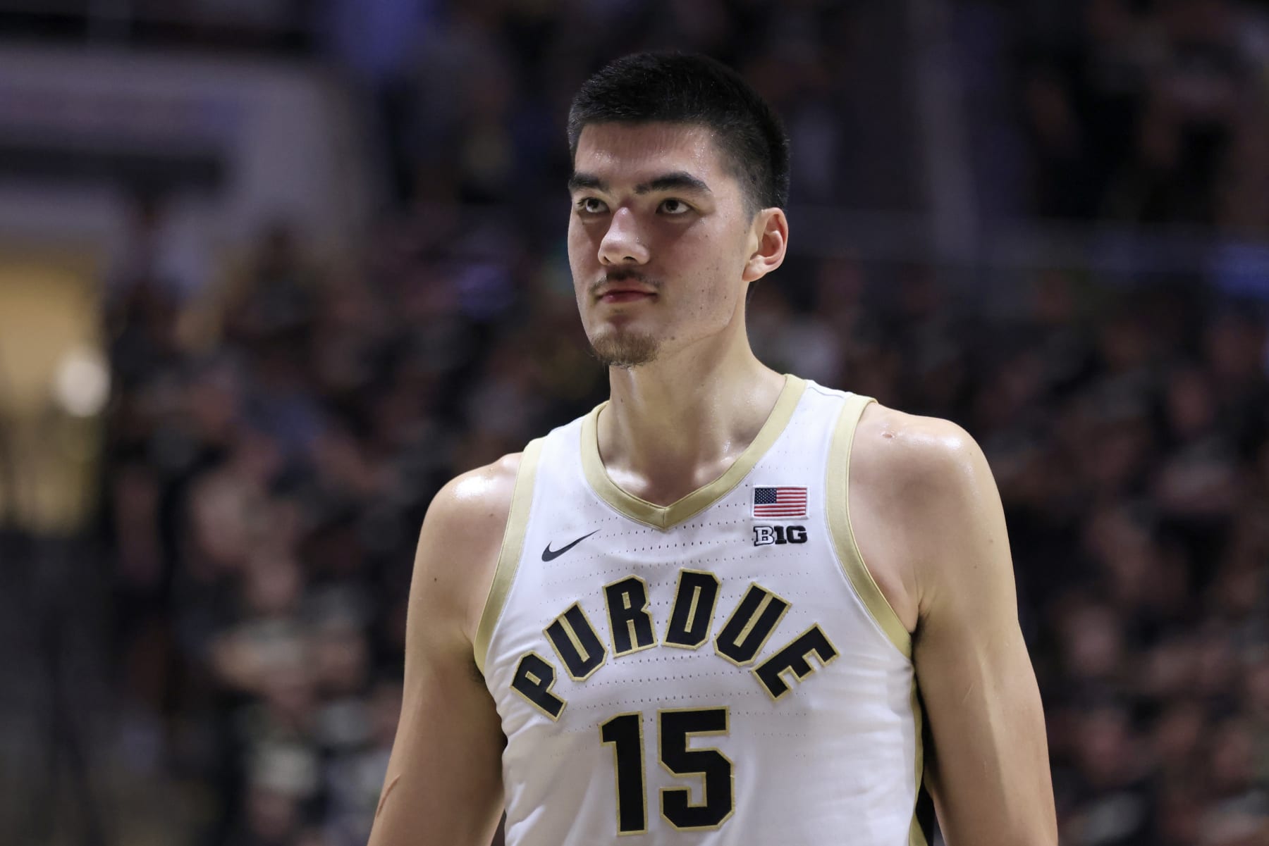 WEST LAFAYETTE, INDIANA - NOVEMBER 06: Zach Edey #15 of the Purdue Boilermakers looks on in the game against the Samford Bulldogs at Mackey Arena on November 06, 2023 in West Lafayette, Indiana. (Photo by Justin Casterline/Getty Images)