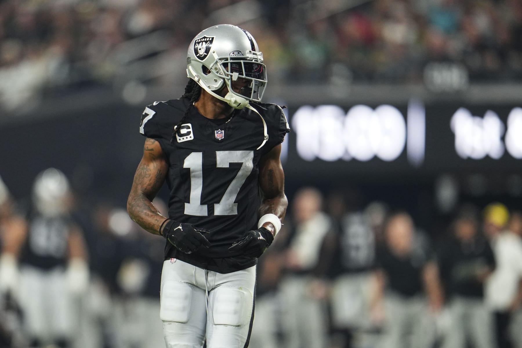 LAS VEGAS, NV - OCTOBER 09: Davante Adams #17 of the Las Vegas Raiders looks on from the field during an NFL football game against the Green Bay Packers at Allegiant Stadium on October 9, 2023 in Las Vegas, Nevada. (Photo by Cooper Neill/Getty Images)