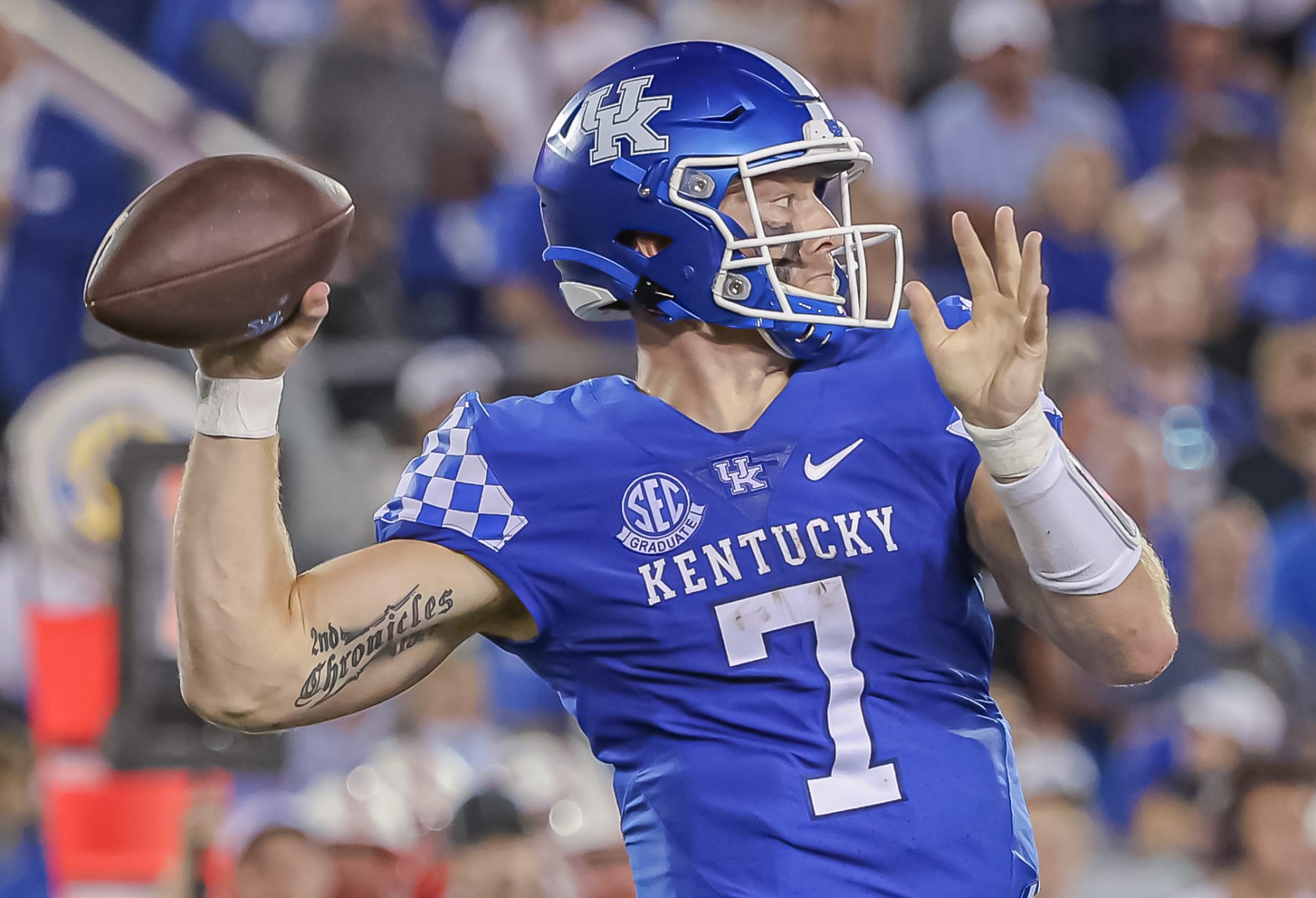 LEXINGTON, KY - SEPTEMBER 03: Will Levis #7 of the Kentucky Wildcats throws the ball during the second half against the Miami (Oh) Redhawks at Kroger Field on September 3, 2022 in Lexington, Kentucky. (Photo by Michael Hickey/Getty Images)