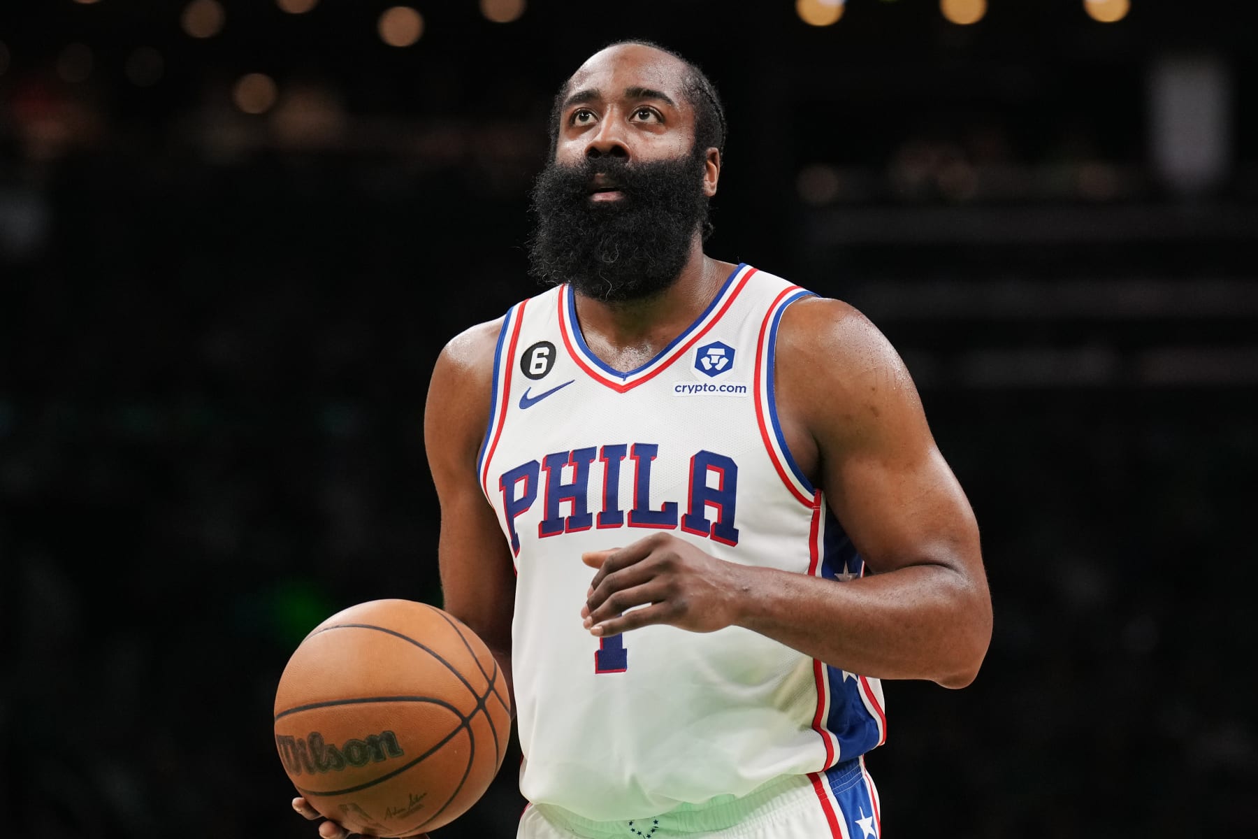 BOSTON, MA - MAY 3: James Harden #1 of the Philadelphia 76ers shoots a free throw during Round 2 Game 2 of the Eastern Conference Semi-Finals 2023 NBA Playoffs on May 3, 2023 at the TD Garden in Boston, Massachusetts. NOTE TO USER: User expressly acknowledges and agrees that, by downloading and or using this photograph, User is consenting to the terms and conditions of the Getty Images License Agreement. Mandatory Copyright Notice: Copyright 2023 NBAE  (Photo by Jesse D. Garrabrant/NBAE via Getty Images)