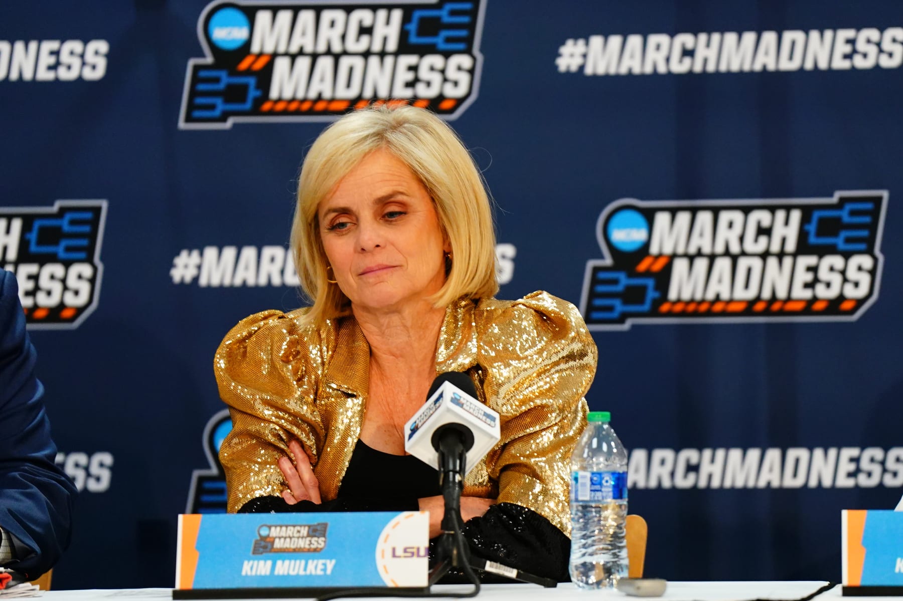 BATON ROUGE, LA - MARCH 19: LSU  Tigers head coach Kim Mulkey speaks in an interview after the game between the LSU Tigers and the Jackson State Lady Tigers during the first round of the 2022 NCAA Women's Basketball Tournament held at the Pete Maravich Assembly Center on March 19, 2022 in Baton Rouge, Louisiana. (Photo by Andrew Wevers/NCAA Photos via Getty Images)