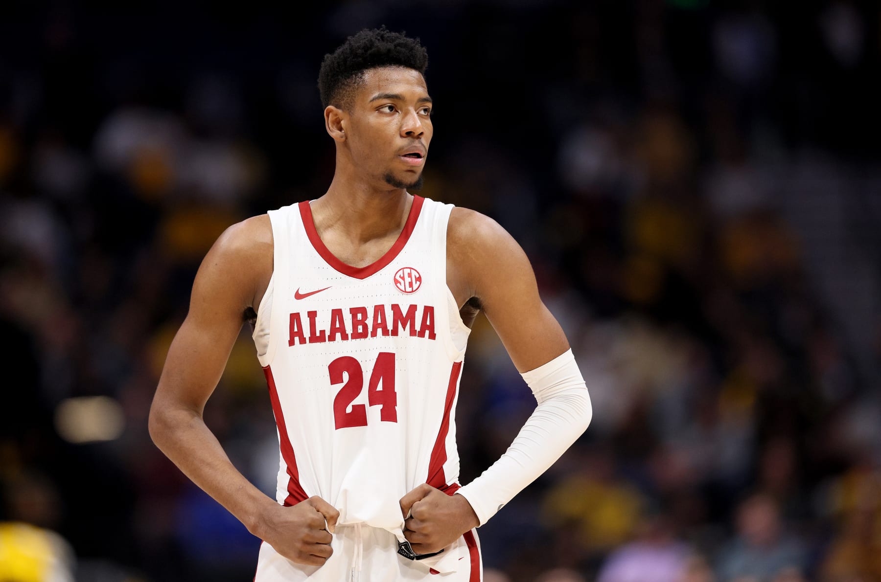 NASHVILLE, TENNESSEE - MARCH 11: Brandon Miller #24 of the Alabama Crimson Tide looks on during the second half against the Missouri Tigers during the SEC Basketball Tournament Semifinals at Bridgestone Arena on March 11, 2023 in Nashville, Tennessee. (Photo by Andy Lyons/Getty Images)