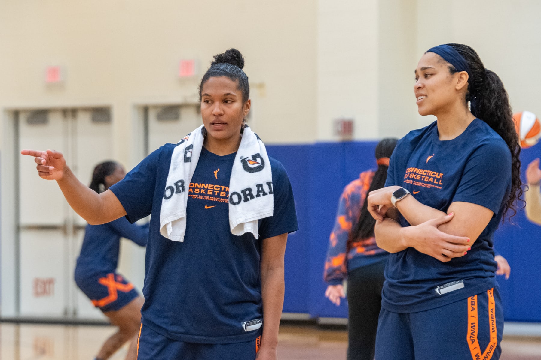 UNCASVILLE, CT - MAY 04: Connecticut Sun forward Alyssa Thomas (left) interacts with Connecticut Sun forward Brionna Jones (right) during Connecticut Sun training camp on May 4, 2024 at the Tribal Practice Facility in Uncasville, CT. (Photo by Erica Denhoff/Icon Sportswire via Getty Images)
