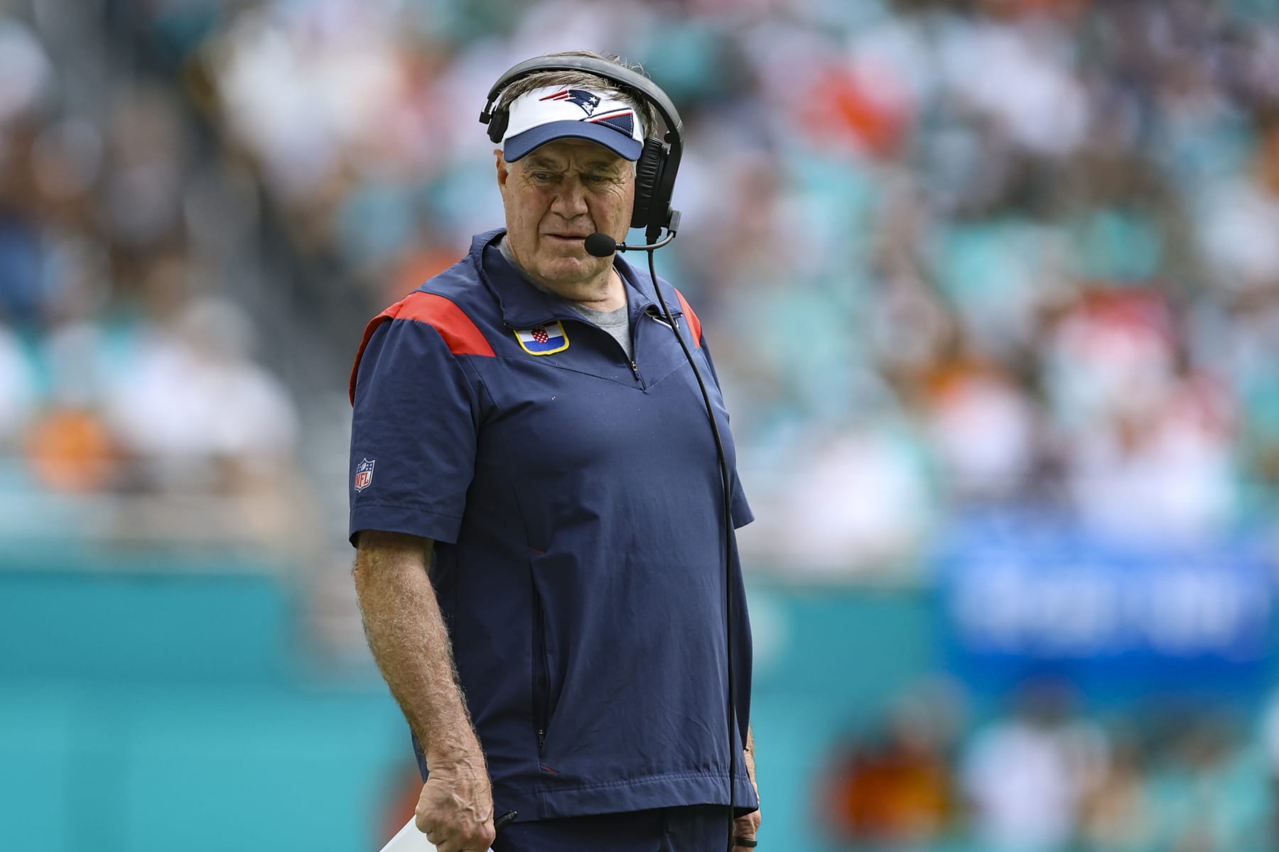 MIAMI GARDENS, FL - OCTOBER 29: Bill Belichick head coach of the New England Patriots looks on from the sideline during an NFL football game against the Miami Dolphins at Hard Rock Stadium on October 29, 2023 in Miami Gardens, Florida. (Photo by Perry Knotts/Getty Images)