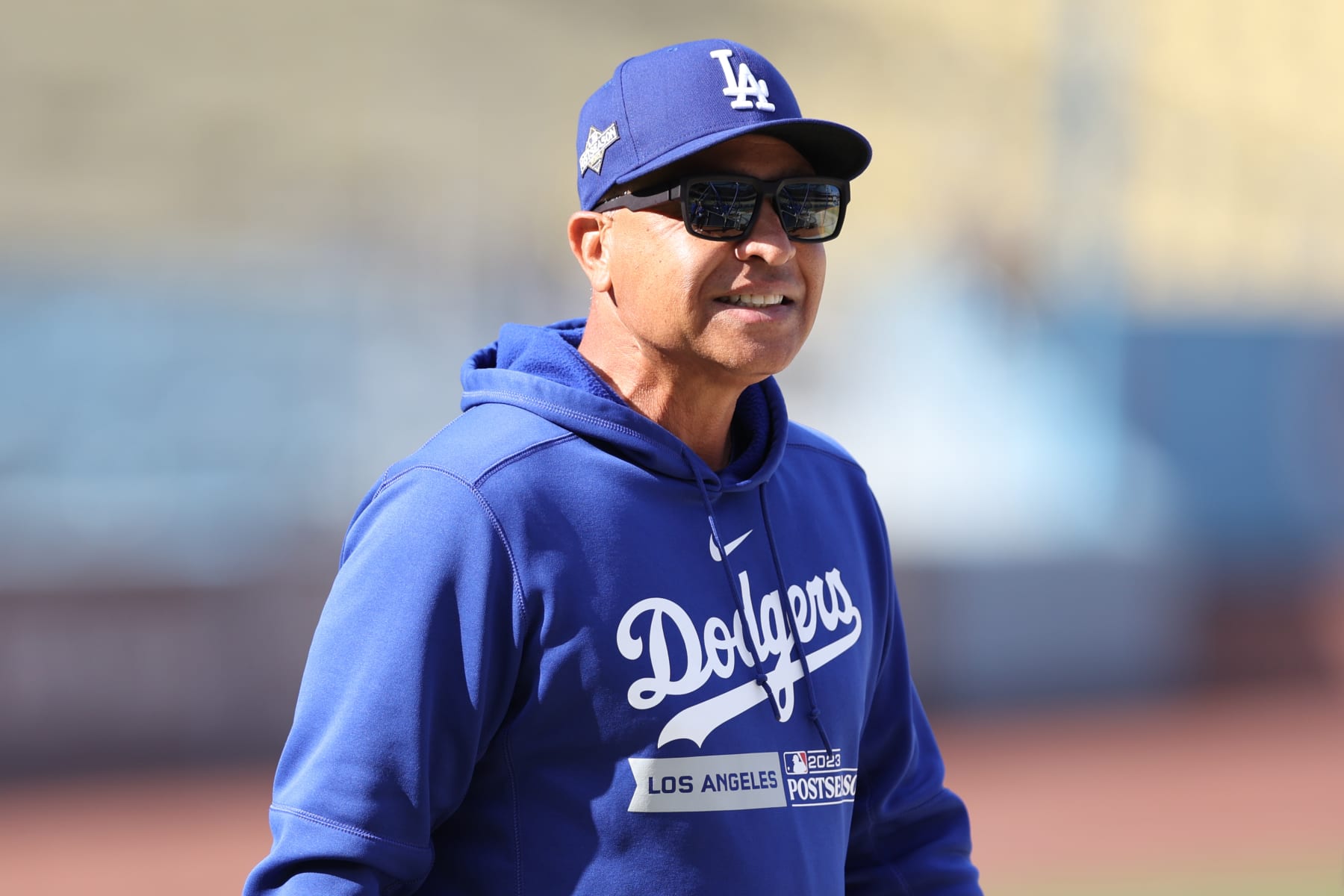 LOS ANGELES, CA - OCTOBER 09: Manager Dave Roberts #30 of the Los Angeles Dodgers looks on prior to Game 2 of the Division Series between the Arizona Diamondbacks and the Los Angeles Dodgers at Dodger Stadium on Monday, October 9, 2023 in Los Angeles, California. (Photo by Rob Leiter/MLB Photos via Getty Images)