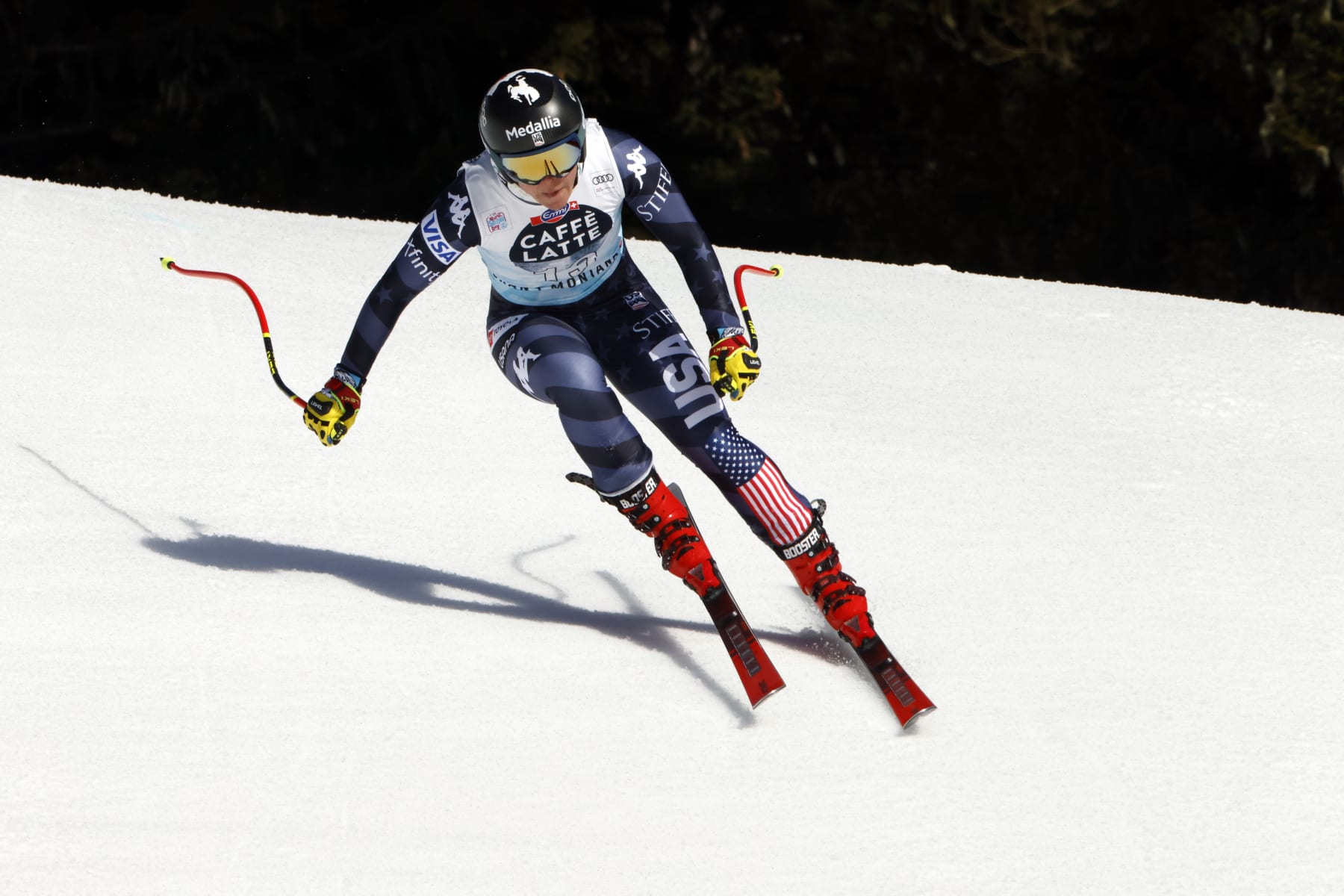 CRANS MONTANA, SWITZERLAND - FEBRUARY 24: Breezy Johnson of Team United States in action during the Audi FIS Alpine Ski World Cup Women's Downhill Training on February 24, 2023 in Crans Montana, Switzerland. (Photo by Christophe Pallot/Agence Zoom/Getty Images)