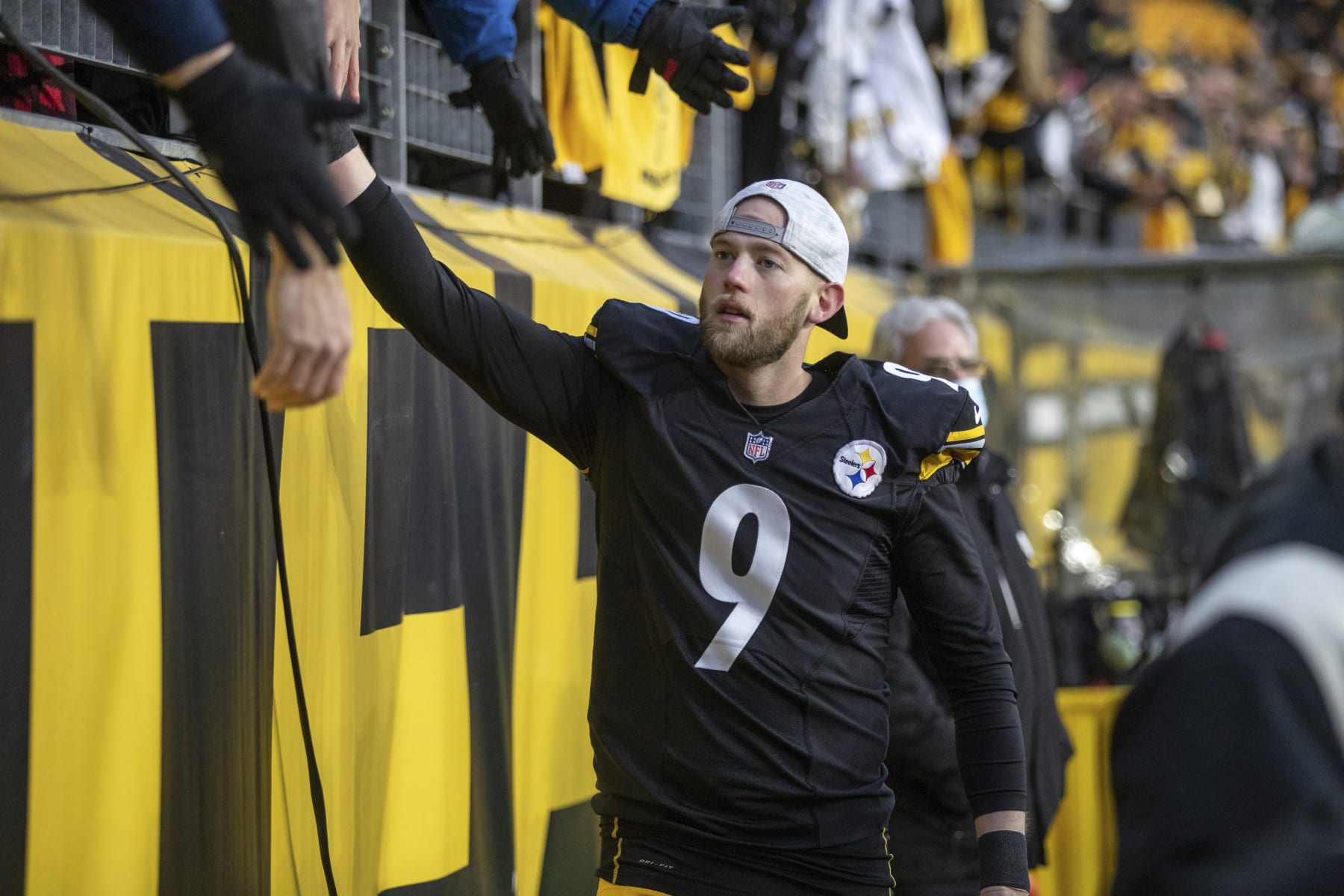 Pittsburgh Steelers kicker Chris Boswell (9) high fives fans after an NFL football game, Sunday, December 19, 2021 in Pittsburgh. (AP Photo/Matt Durisko)