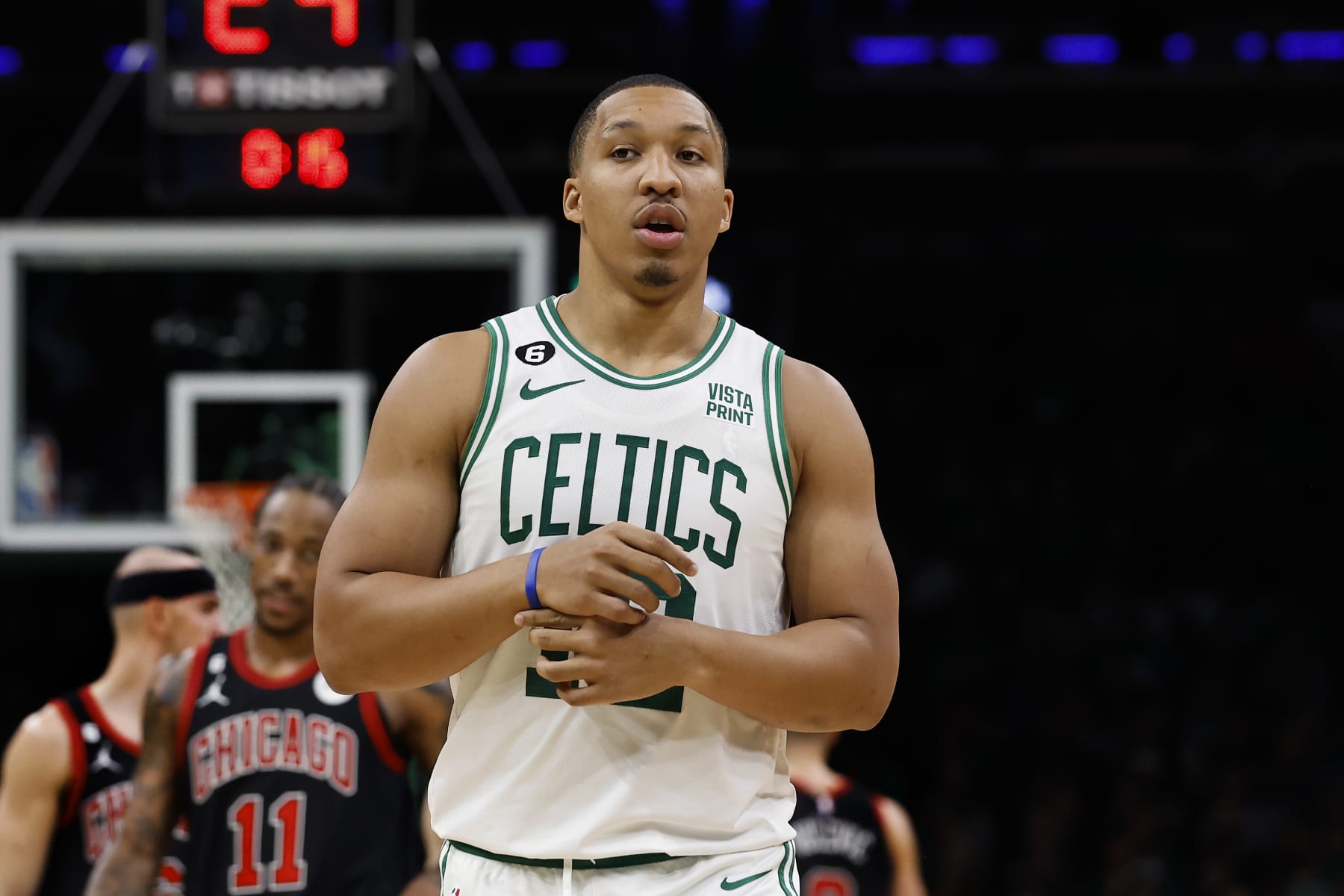 BOSTON, MA - NOVEMBER 4: Grant Williams #12 of the Boston Celtics during the second quarter against the Chicago Bulls at TD Garden on November 4, 2022 in Boston, Massachusetts. NOTE TO USER: User expressly acknowledges and agrees that, by downloading and/or using this Photograph, user is consenting to the terms and conditions of the Getty Images License Agreement. (Photo By Winslow Townson/Getty Images)