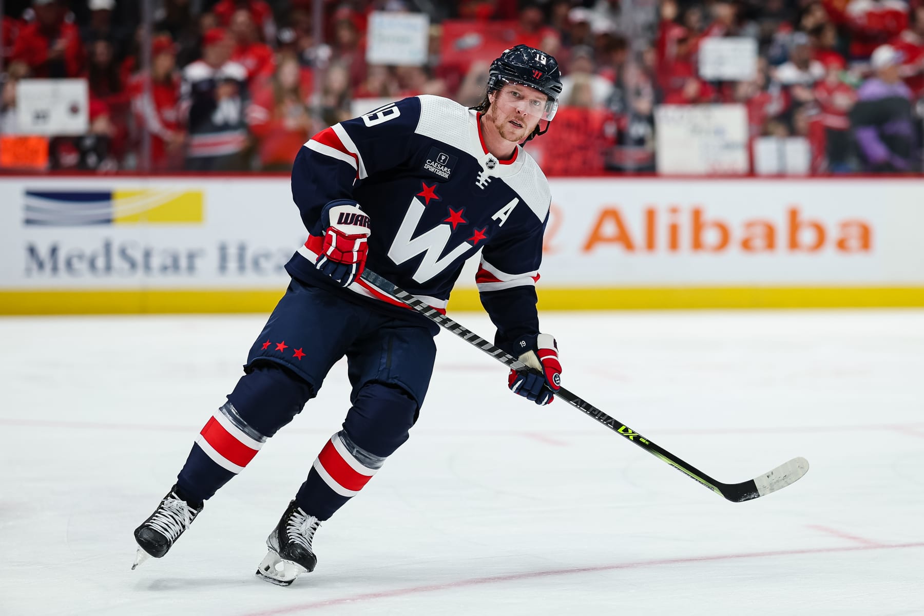 WASHINGTON, DC - JANUARY 08: Nicklas Backstrom #19 of the Washington Capitals skates before making his season debut against the Columbus Blue Jackets at Capital One Arena on January 8, 2023 in Washington, DC. (Photo by Scott Taetsch/Getty Images)