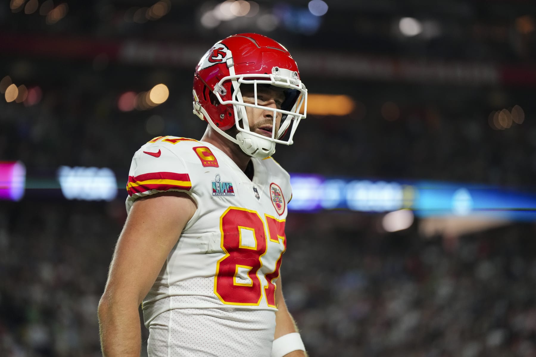 GLENDALE, AZ - FEBRUARY 12: Travis Kelce #87 of the Kansas City Chiefs celebrates against the Philadelphia Eagles during the fourth quarter in Super Bowl LVII at State Farm Stadium on February 12, 2023 in Glendale, Arizona. (Photo by Cooper Neill/Getty Images)