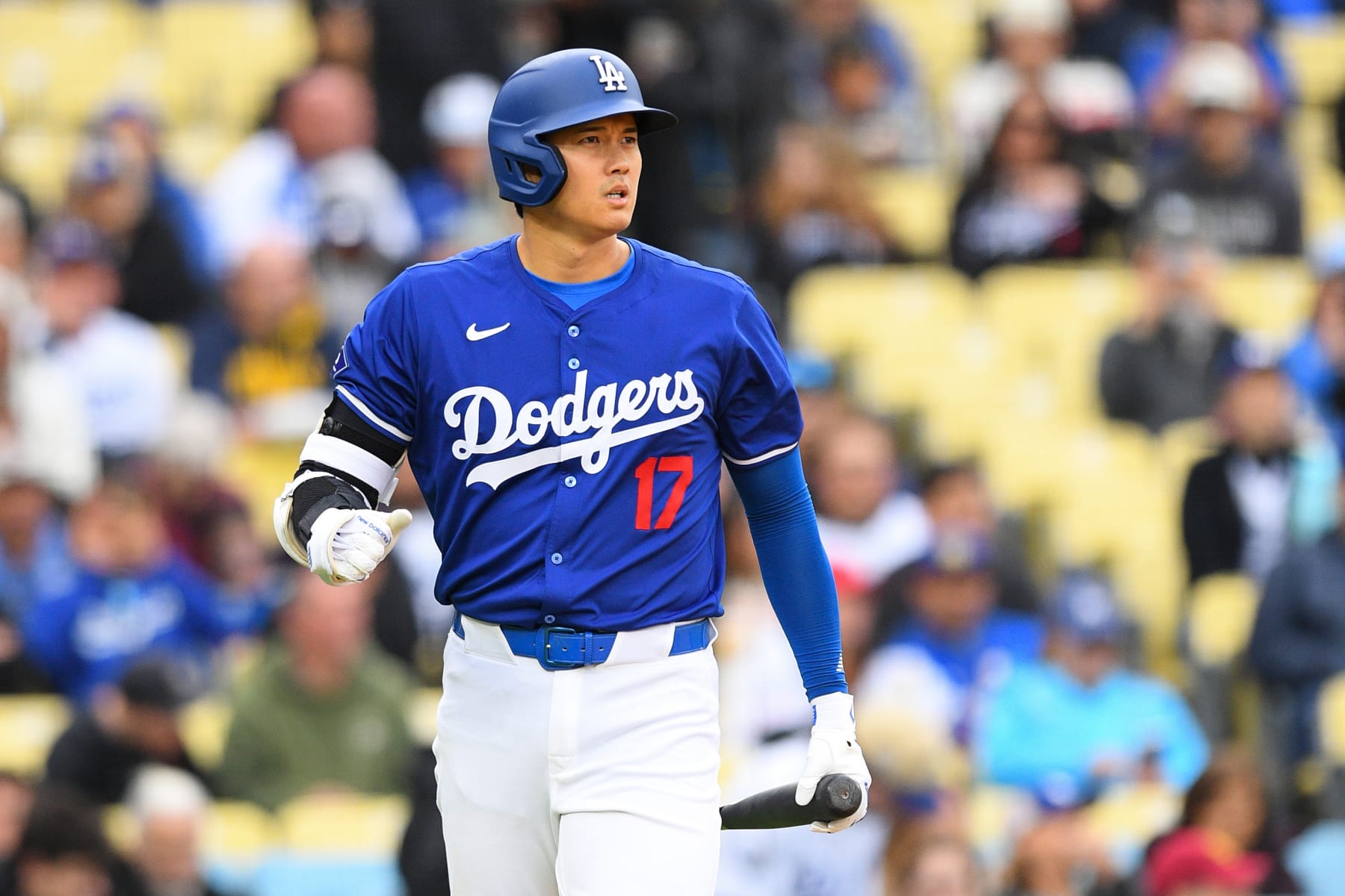 LOS ANGELES, CA - MARCH 24: Los Angeles Dodgers designated hitter Shohei Ohtani (17) looks on during the MLB Spring Training game between the Los Angeles Angels and the Los Angeles Dodgers on March 24, 2024 at Dodger Stadium in Los Angeles, CA. (Photo by Brian Rothmuller/Icon Sportswire via Getty Images)