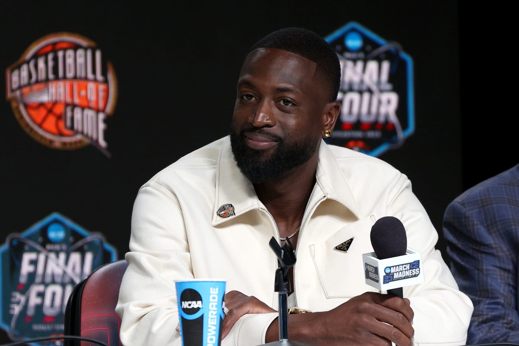 HOUSTON, TEXAS - APRIL 01: Inductee Dwyane Wade reacts during the 2023 Naismith Hall of Fame Press Conference at NRG Stadium on April 01, 2023 in Houston, Texas. (Photo by Mike Lawrie/Getty Images) HOUSTON, TEXAS - APRIL 01: Inductee Dwyane Wade reacts during the 2023 Naismith Hall of Fame Press Conference at NRG Stadium on April 01, 2023 in Houston, Texas. (Photo by Mike Lawrie/Getty Images)