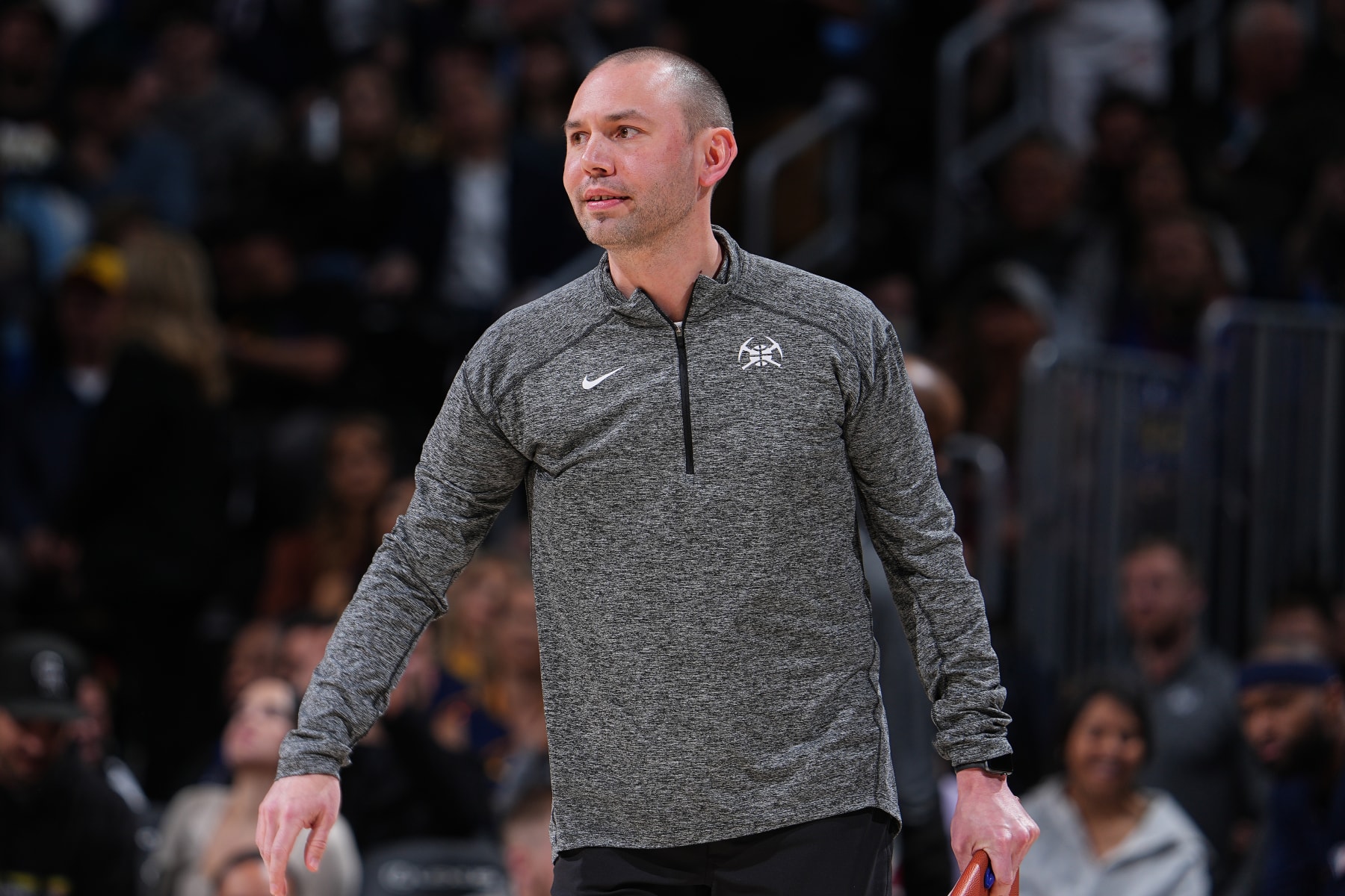 DENVER, CO - APRIL 5: Assistant Coach David
Adelman of the Denver Nuggets looks on during the game against the San Antonio Spurs on April 5, 2022 at the Ball Arena in Denver, Colorado. NOTE TO USER: User expressly acknowledges and agrees that, by downloading and/or using this Photograph, user is consenting to the terms and conditions of the Getty Images License Agreement. Mandatory Copyright Notice: Copyright 2022 NBAE (Photo by Bart Young/NBAE via Getty Images)