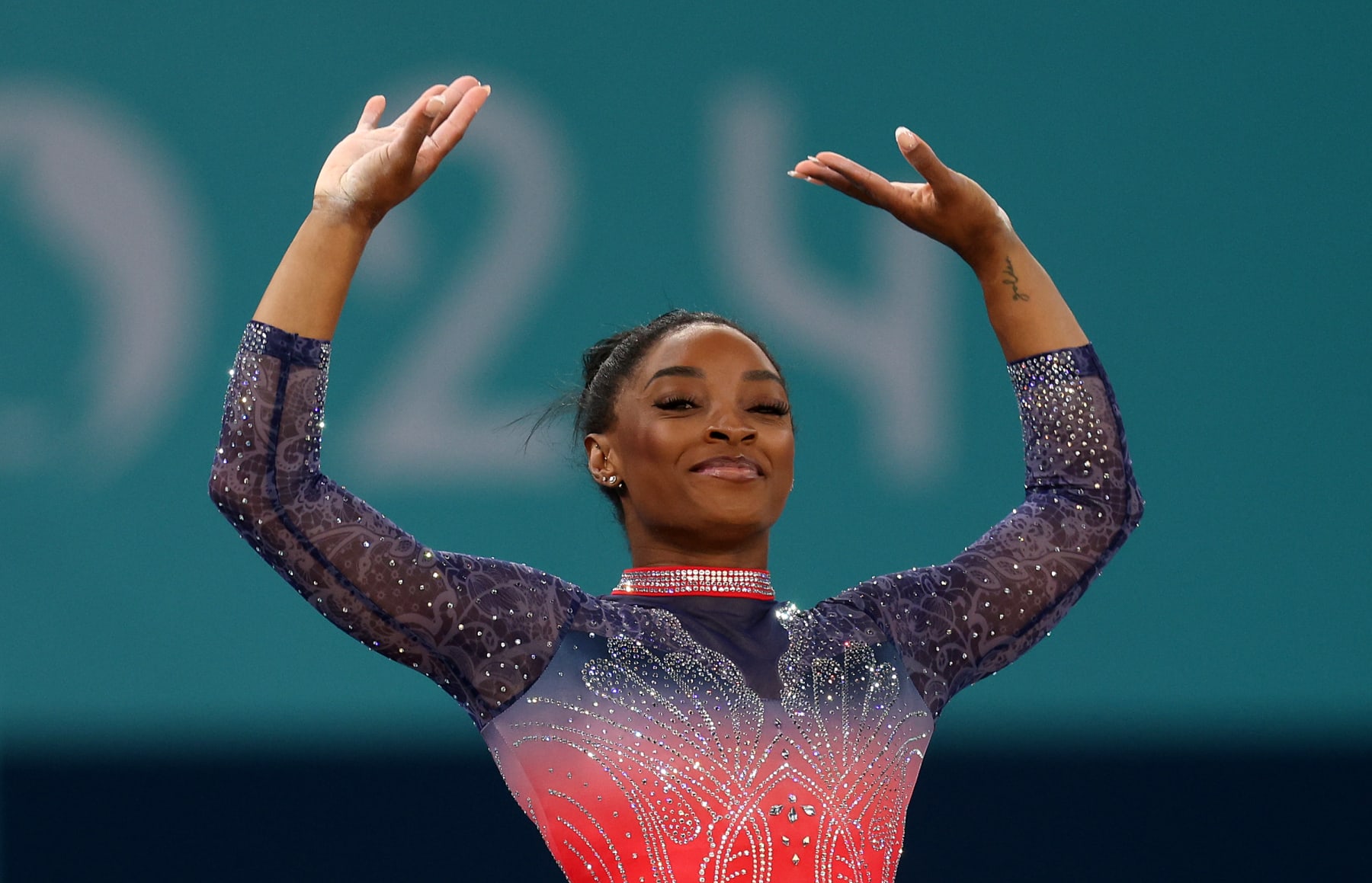 PARIS, FRANCE - AUGUST 05: Simone Biles of Team United States competes in the Artistic Gymnastics Women's Floor Exercise Final on day ten of the Olympic Games Paris 2024 at Bercy Arena on August 05, 2024 in Paris, France. (Photo by Jamie Squire/Getty Images)
