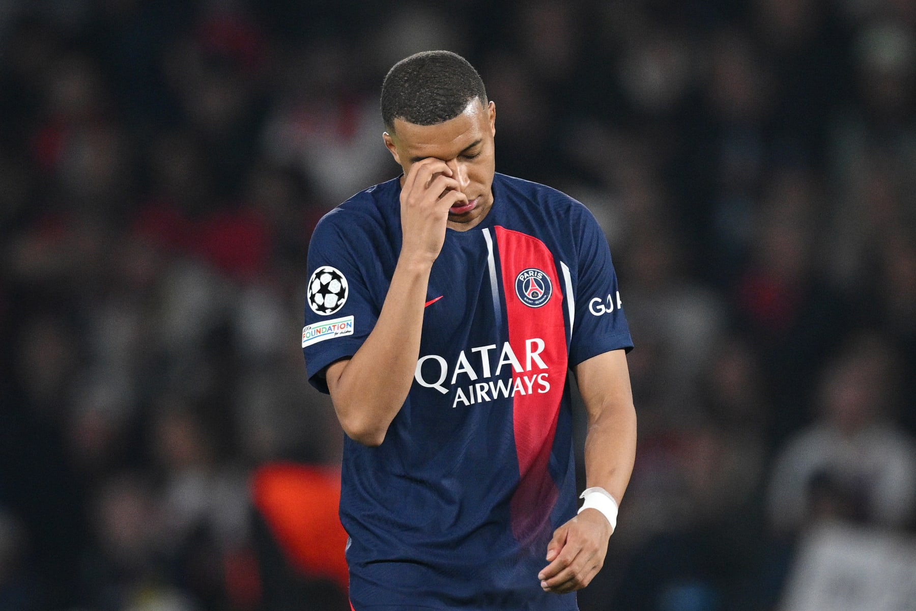 PARIS, FRANCE - MAY 07: Kylian Mbappe of Paris Saint-Germain looks dejected during the UEFA Champions League semi-final second leg match between Paris Saint-Germain and Borussia Dortmund at Parc des Princes on May 07, 2024 in Paris, France.  (Photo by Matthias Hangst/Getty Images)