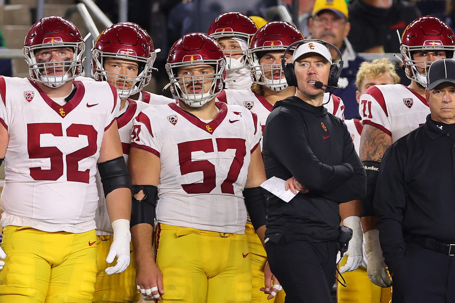 SOUTH BEND, INDIANA - OCTOBER 14: Head coach Lincoln Riley of the USC Trojans looks on against the Notre Dame Fighting Irish during the first half at Notre Dame Stadium on October 14, 2023 in South Bend, Indiana. (Photo by Michael Reaves/Getty Images)