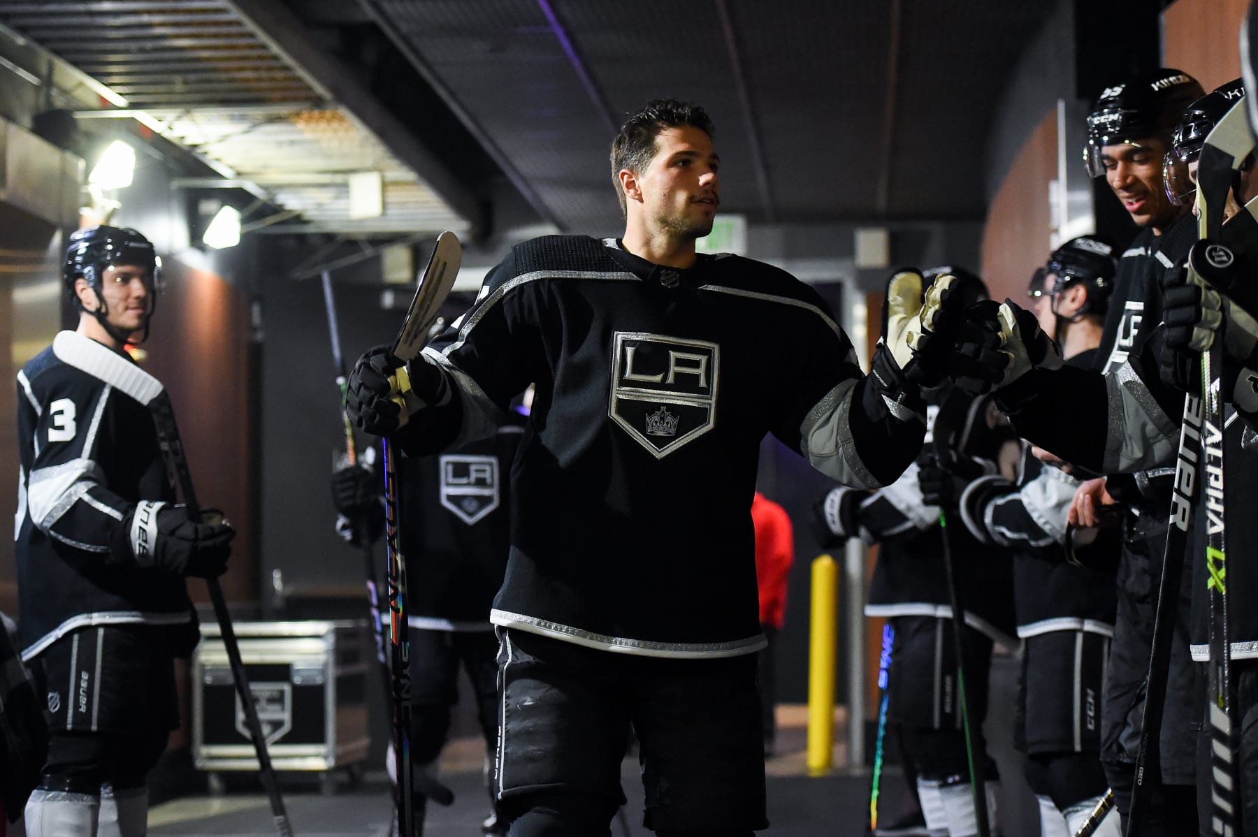 LOS ANGELES, CA - JANUARY 9: Kevin Fiala #22 of the Los Angeles Kings high fives teammates during warm ups prior to the game against the Edmonton Oilers at Crypto.com Arena on January 9, 2023 in Los Angeles, California. (Photo by Andrew Bernstein/NHLI via Getty Images)