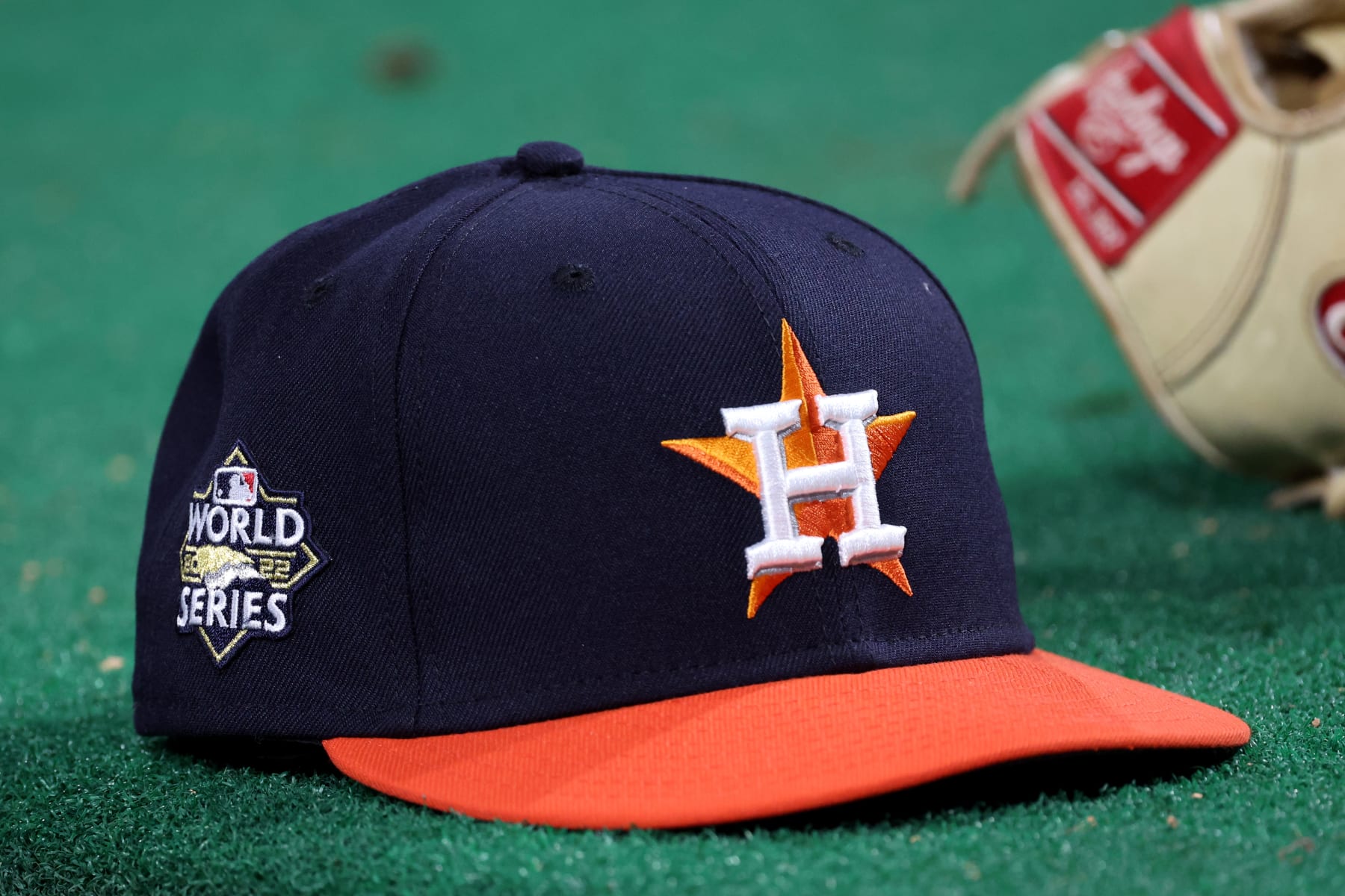PHILADELPHIA, PA - NOVEMBER 03:  A detail shot of a Houston Astros hat on the field during batting practice prior to Game 5 of the 2022 World Series between the Houston Astros and the Philadelphia Phillies at Citizens Bank Park on Thursday, November 3, 2022 in Philadelphia, Pennsylvania. (Photo by Mary DeCicco/MLB Photos via Getty Images)
