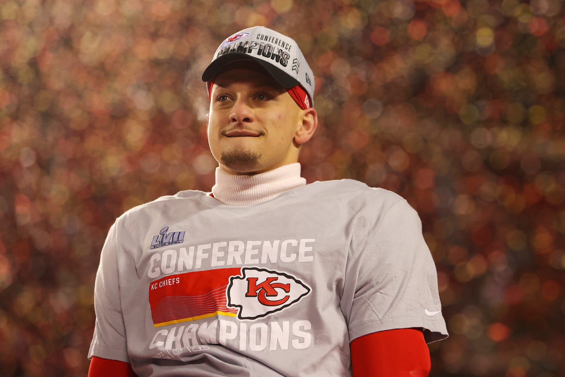 KANSAS CITY, MISSOURI - JANUARY 29: Patrick Mahomes #15 of the Kansas City Chiefs celebrates after defeating the Cincinnati Bengals 23-20 in the AFC Championship Game at GEHA Field at Arrowhead Stadium on January 29, 2023 in Kansas City, Missouri. (Photo by Kevin C. Cox/Getty Images)