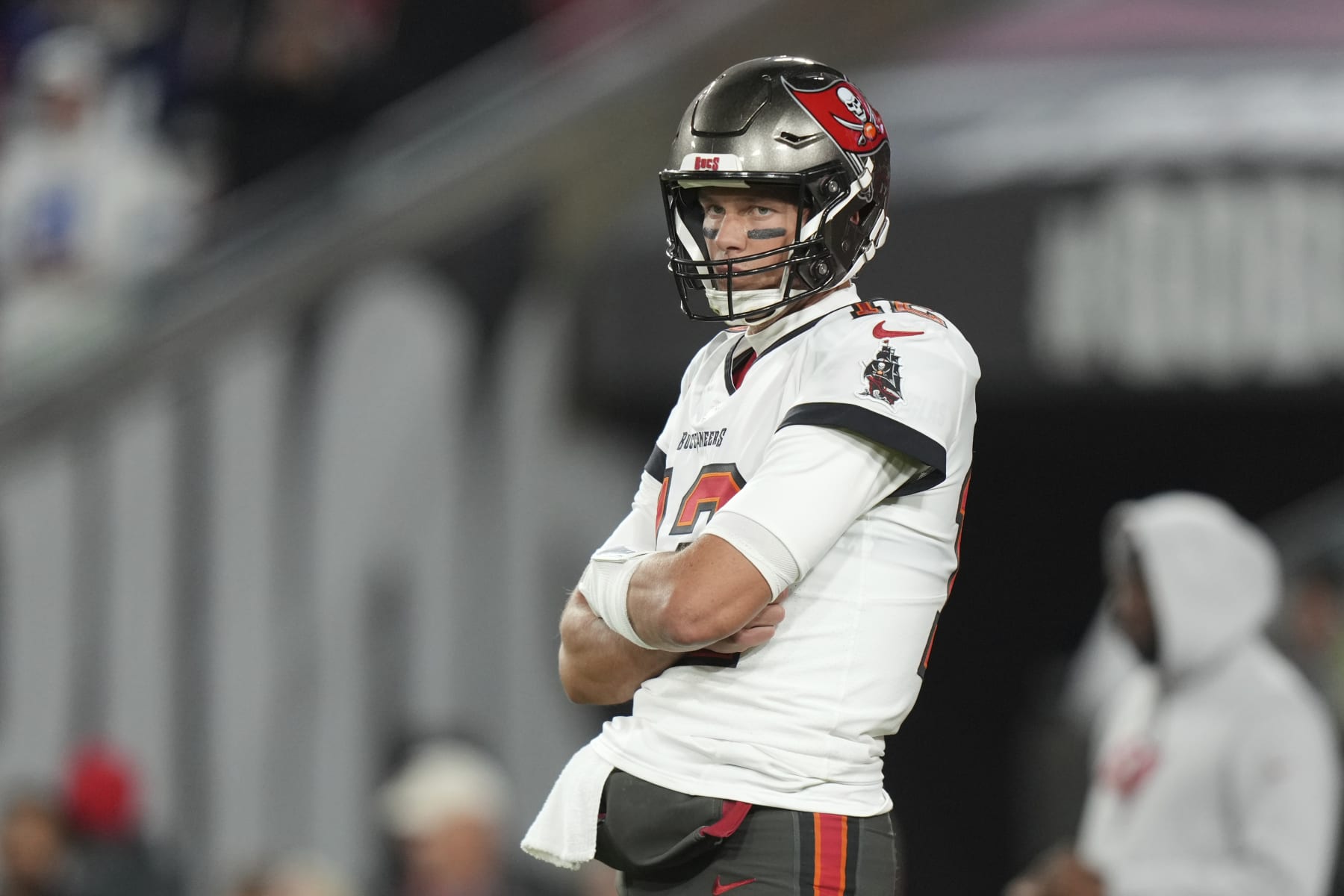 Tampa Bay Buccaneers quarterback Tom Brady (12) waits for his receivers to get into position during pre-game warmups before an NFL wild-card football game against the Dallas Cowboys, Monday, Jan. 16, 2023, in Tampa, Fla. (AP Photo/Peter Joneleit)