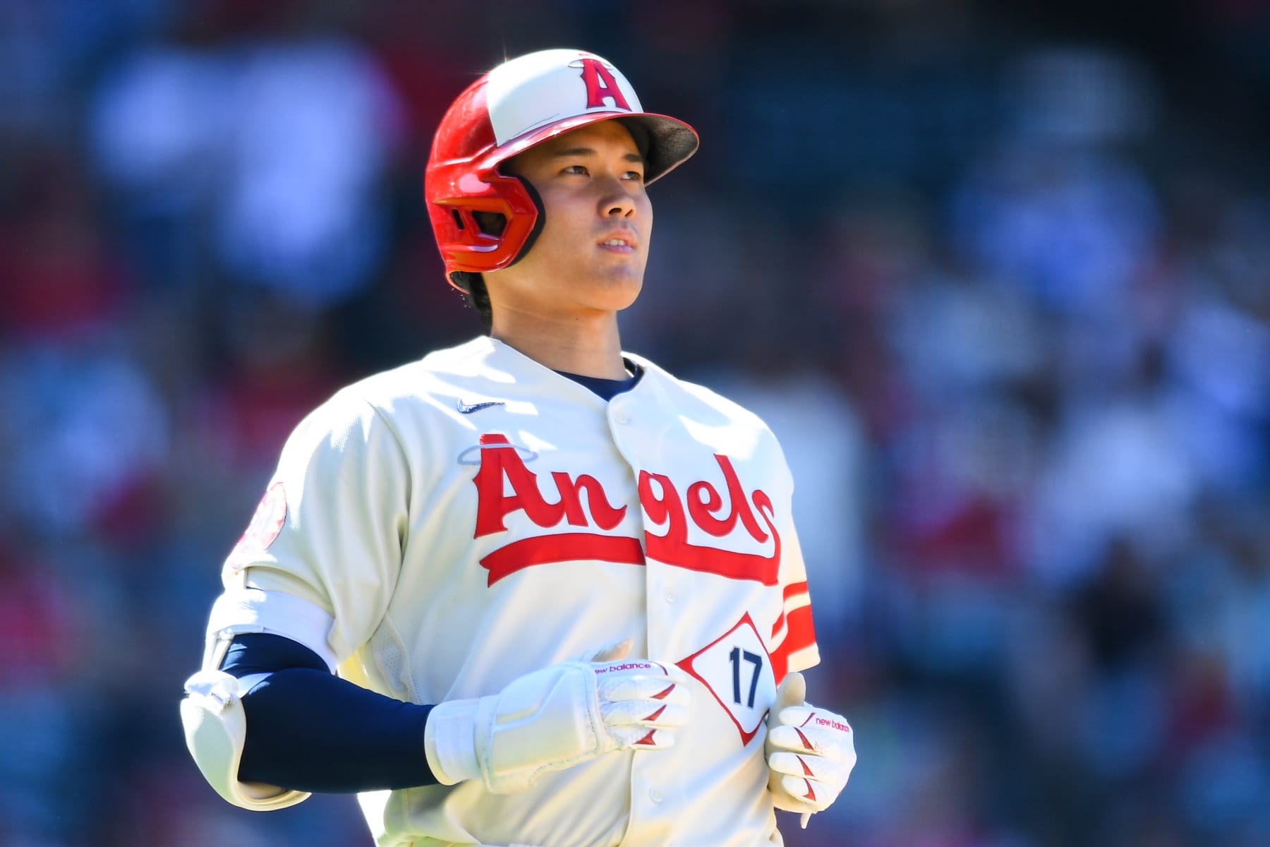 ANAHEIM, CA - MAY 07: Los Angeles Angels designated hitter Shohei Ohtani (17) looks on during the MLB game between the Texas Rangers and the Los Angeles Angels of Anaheim on May 7, 2023 at Angel Stadium of Anaheim in Anaheim, CA. (Photo by Brian Rothmuller/Icon Sportswire via Getty Images)