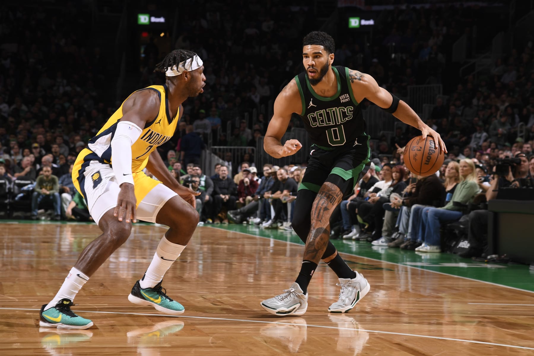 BOSTON, MA - NOVEMBER 1: Jayson Tatum #0 of the Boston Celtics dribbles the ball during the game against the Indiana Pacers/ on November 1, 2023 at the TD Garden in Boston, Massachusetts. NOTE TO USER: User expressly acknowledges and agrees that, by downloading and or using this photograph, User is consenting to the terms and conditions of the Getty Images License Agreement. Mandatory Copyright Notice: Copyright 2023 NBAE  (Photo by Brian Babineau/NBAE via Getty Images)