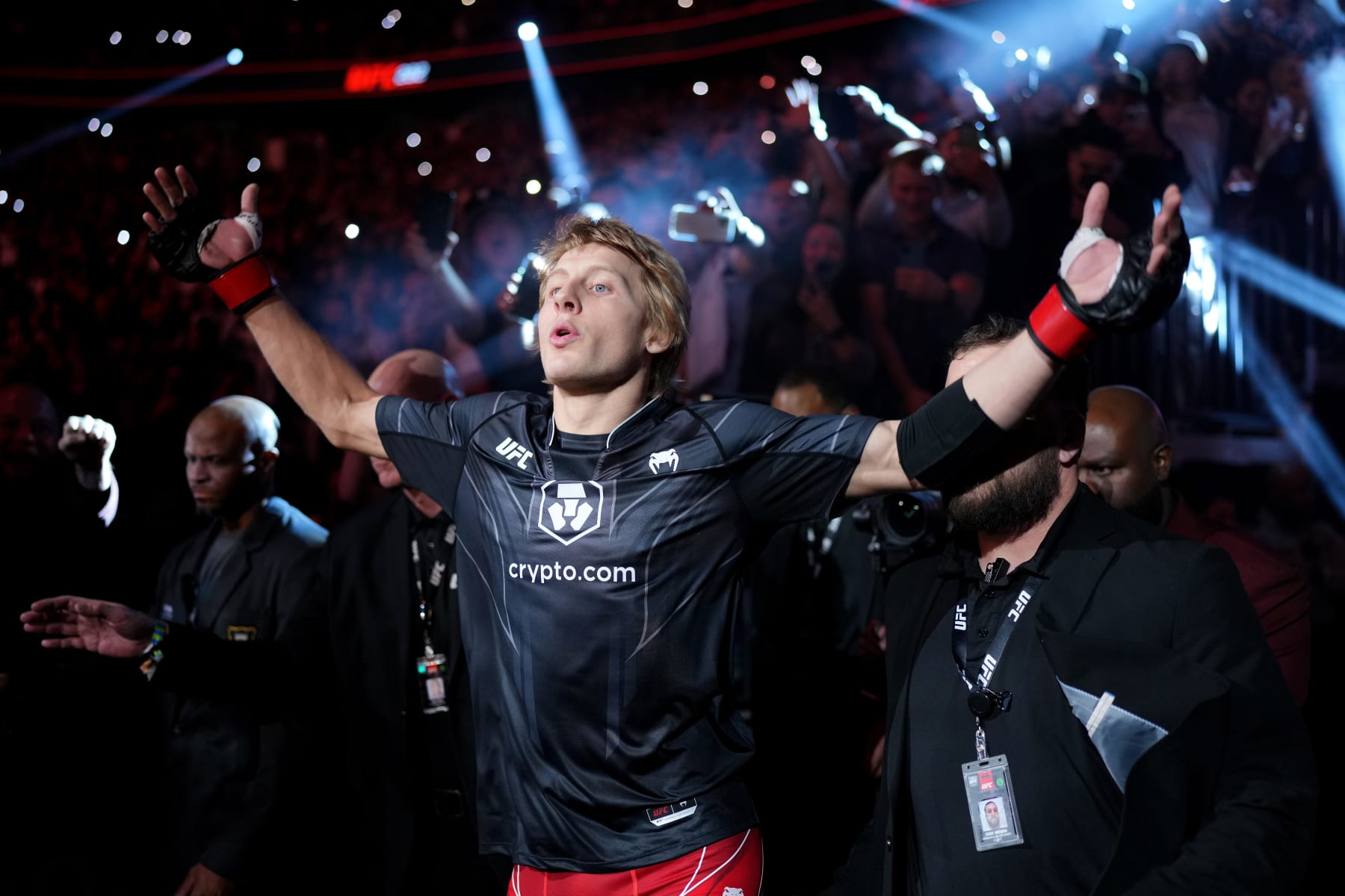 LAS VEGAS, NEVADA - DECEMBER 10: Paddy Pimblett of England walks out towards the Octagon prior to facing Jared Gordon in a lightweight fight during the UFC 282 event at T-Mobile Arena on December 10, 2022 in Las Vegas, Nevada. (Photo by Cooper Neill/Zuffa LLC)