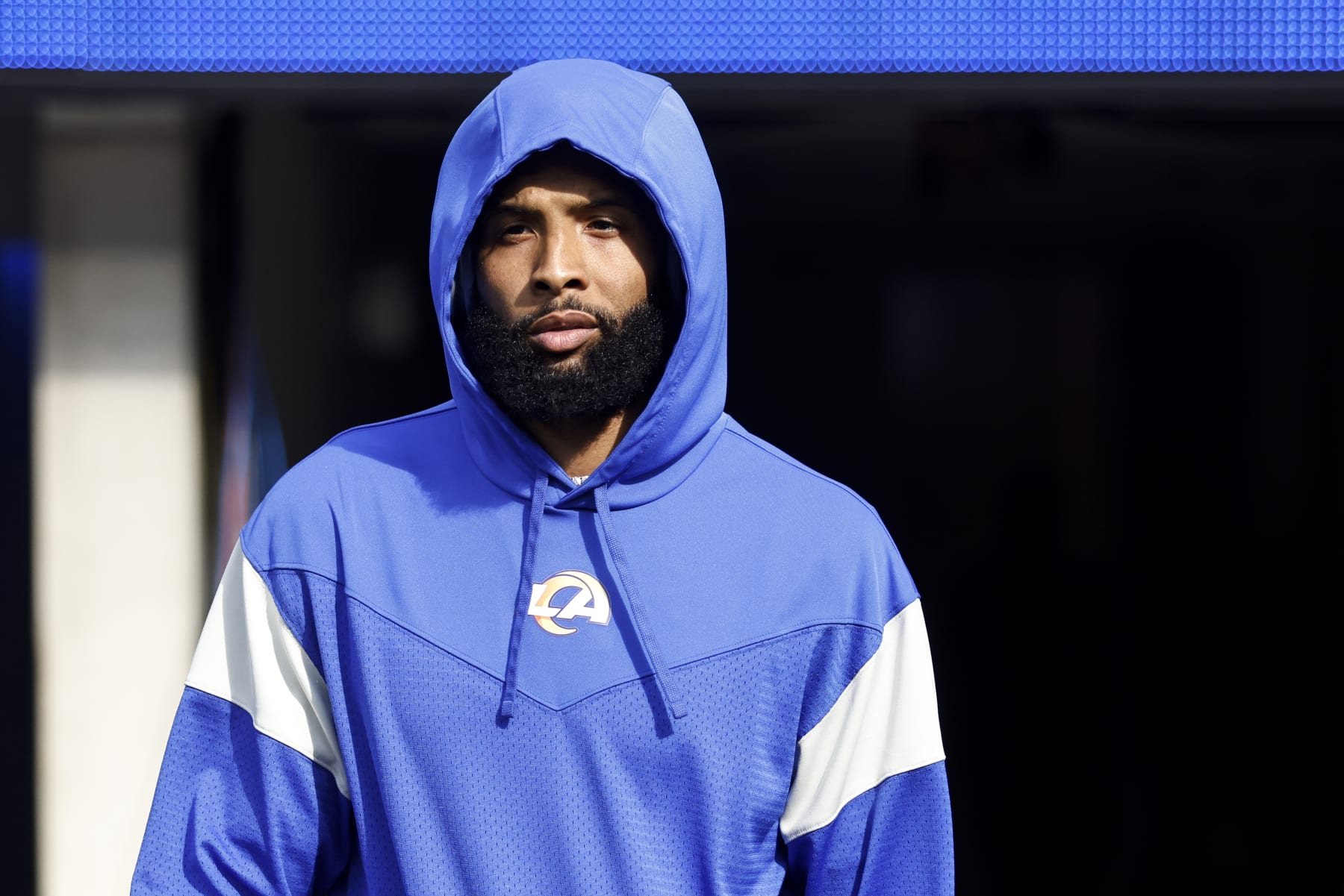 INGLEWOOD, CALIFORNIA - JANUARY 30: Odell Beckham Jr. #3 of the Los Angeles Rams takes the field prior to the NFC Championship NFL football game against the San Francisco 49ers at SoFi Stadium on January 30, 2022 in Inglewood, California. The Rams won 20-17 to advance to the Super Bowl. (Photo by Michael Owens/Getty Images)