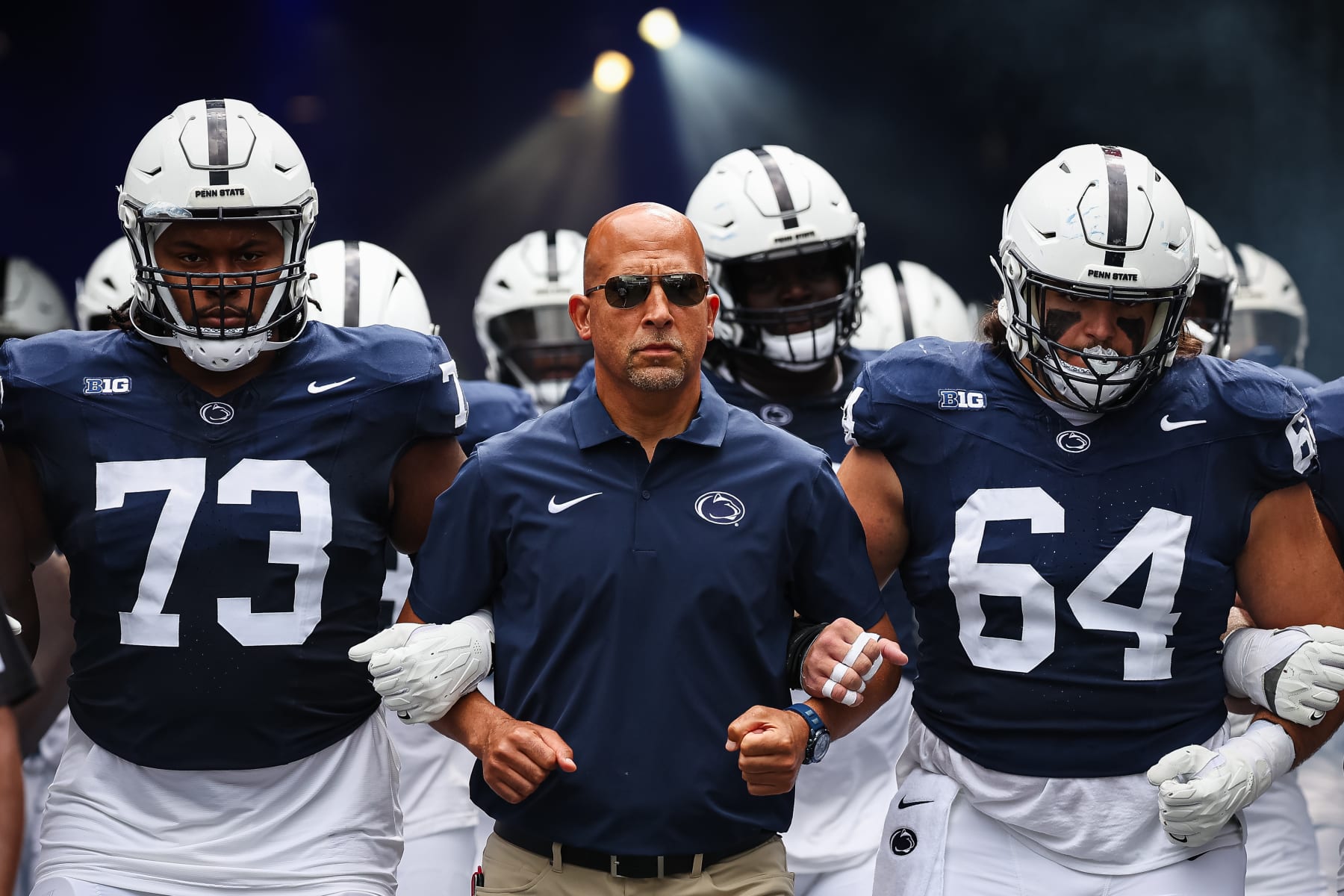STATE COLLEGE, PA - SEPTEMBER 09: Head coach James Franklin of the Penn State Nittany Lions leads his team onto the field before the game against the Delaware Fightin Blue Hens at Beaver Stadium on September 9, 2023 in State College, Pennsylvania. (Photo by Scott Taetsch/Getty Images)
