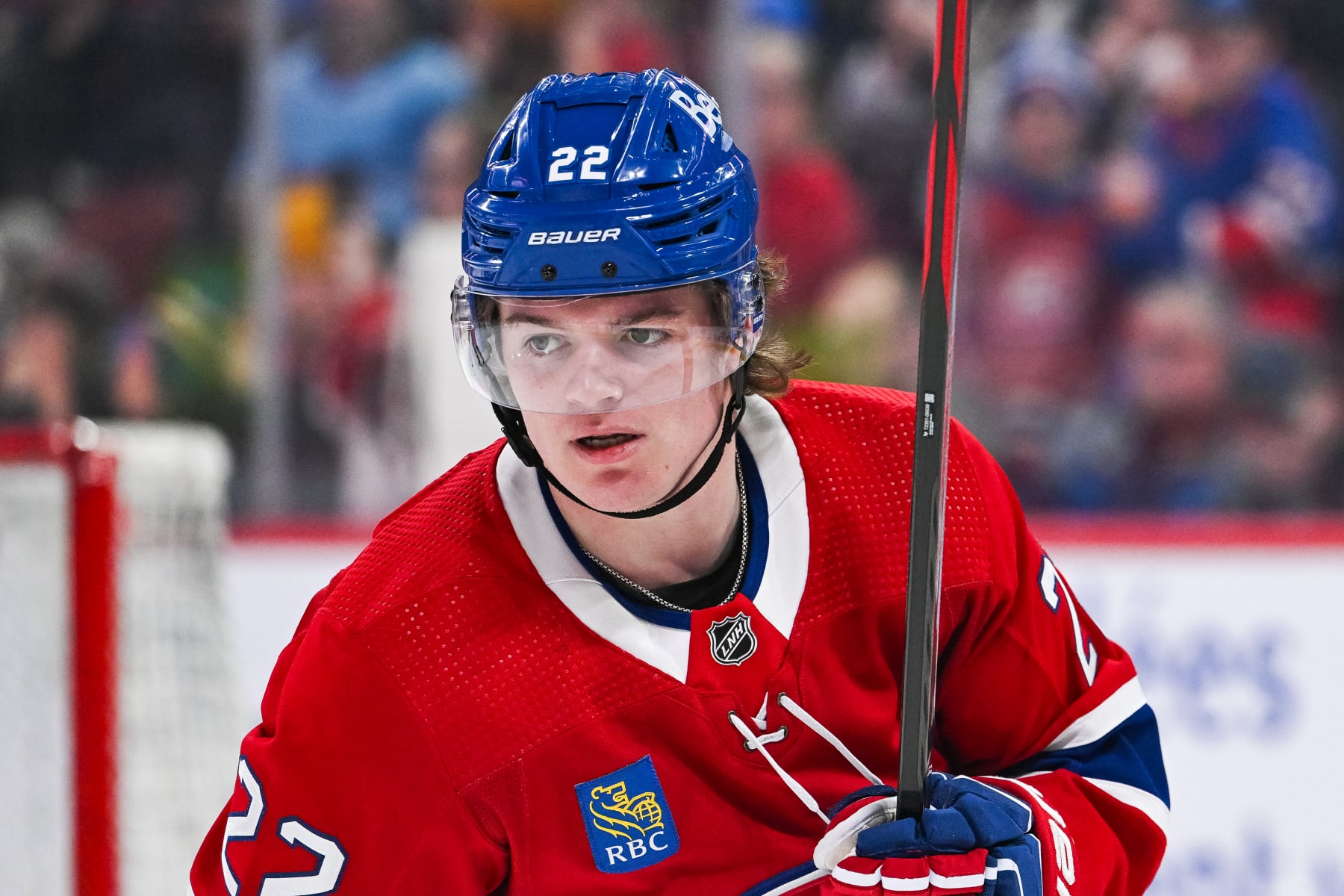 MONTREAL, QC - JANUARY 25: Look on Montreal Canadiens right wing Cole Caufield (22) during warm-up before the New York Islanders versus the Montreal Canadiens game on January 25, 2024, at Bell Centre in Montreal, QC (Photo by David Kirouac/Icon Sportswire via Getty Images)