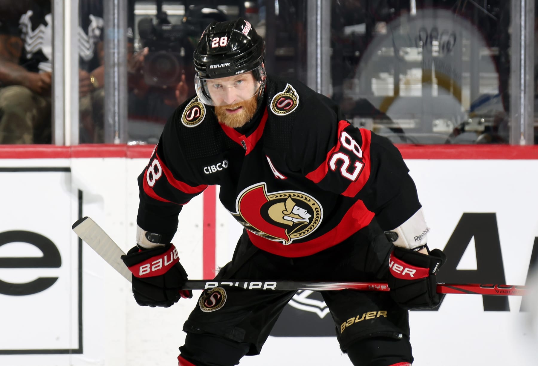 PHILADELPHIA, PENNSYLVANIA - MARCH 02:  Claude Giroux #28 of the Ottawa Senators looks on prior to facing off against the Philadelphia Flyers at the Wells Fargo Center on March 2, 2024 in Philadelphia, Pennsylvania.  (Photo by Len Redkoles/NHLI via Getty Images)